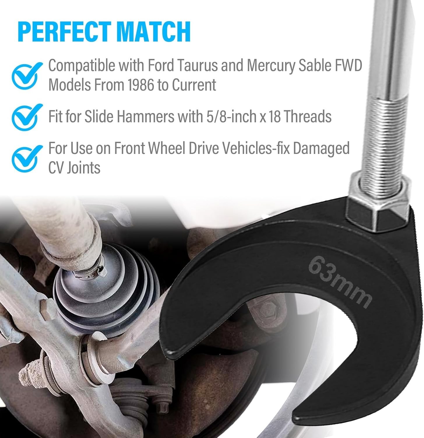 63mm Inner CV Axle Puller Removal Tool with Nut, Front Wheel Drive Axle 63cm
