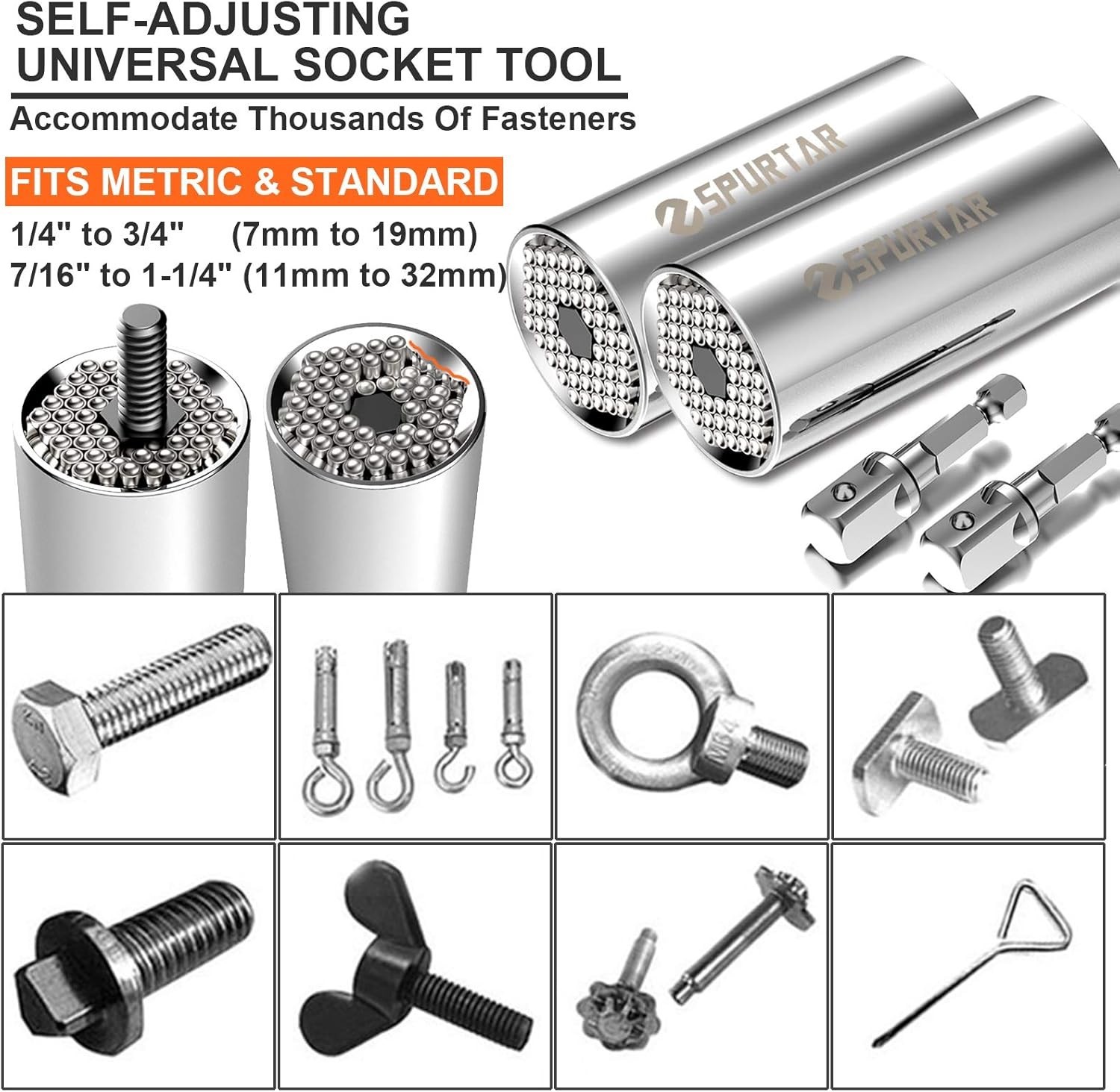 Universal Socket Set, 11-32mm, 7-19mm, 3/8″ 1/2″ Adapters, Polished