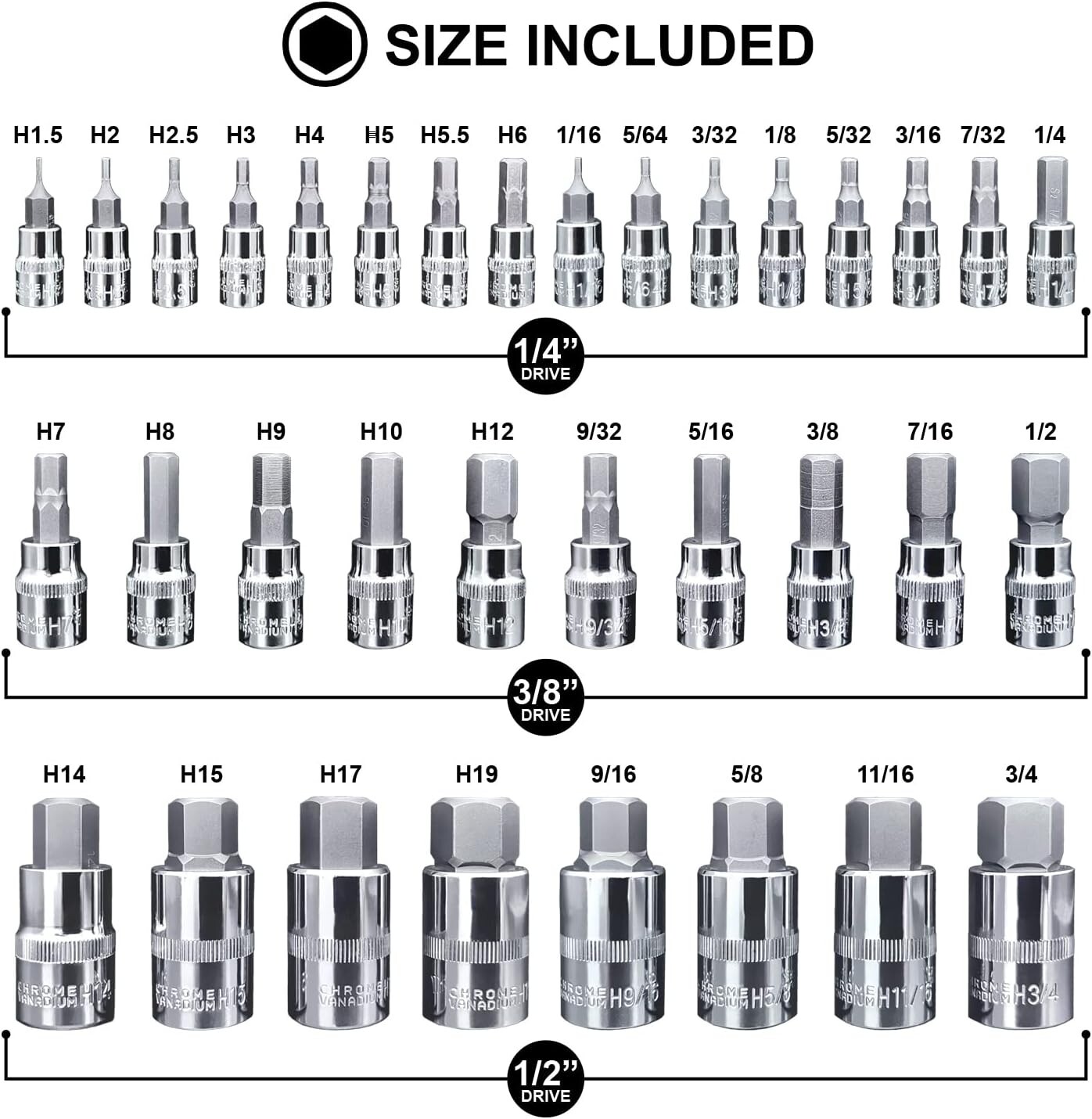 Versatile 34-Piece Chrome Finish Hex Key Set for Mechanics & DIY Projects