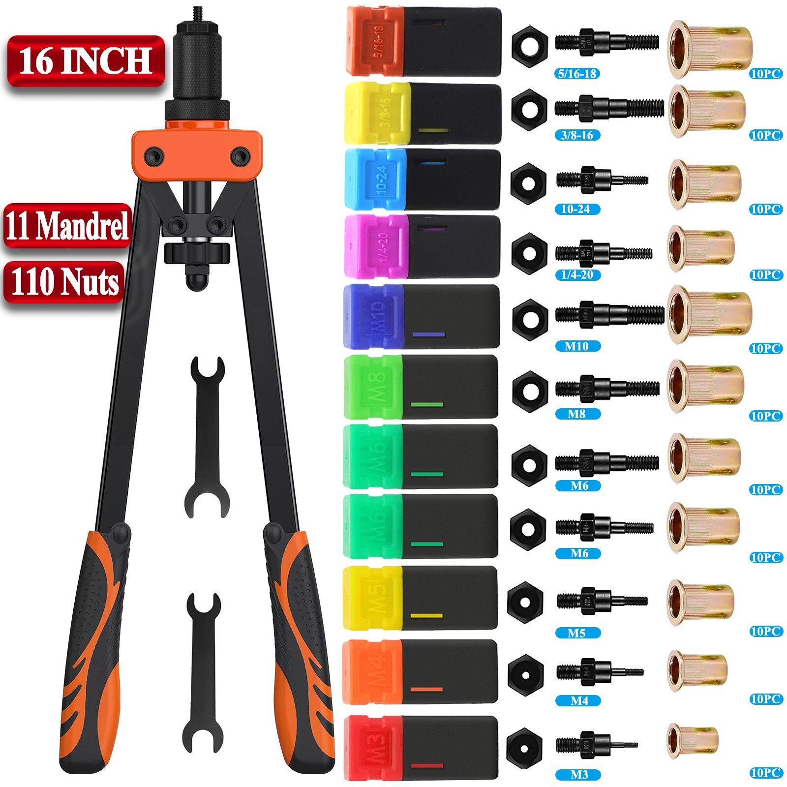 123PC 16″ Rivet Gun Kit Rivnut Thread Setting Tool Nut Setter Metric&SAE Mandrel