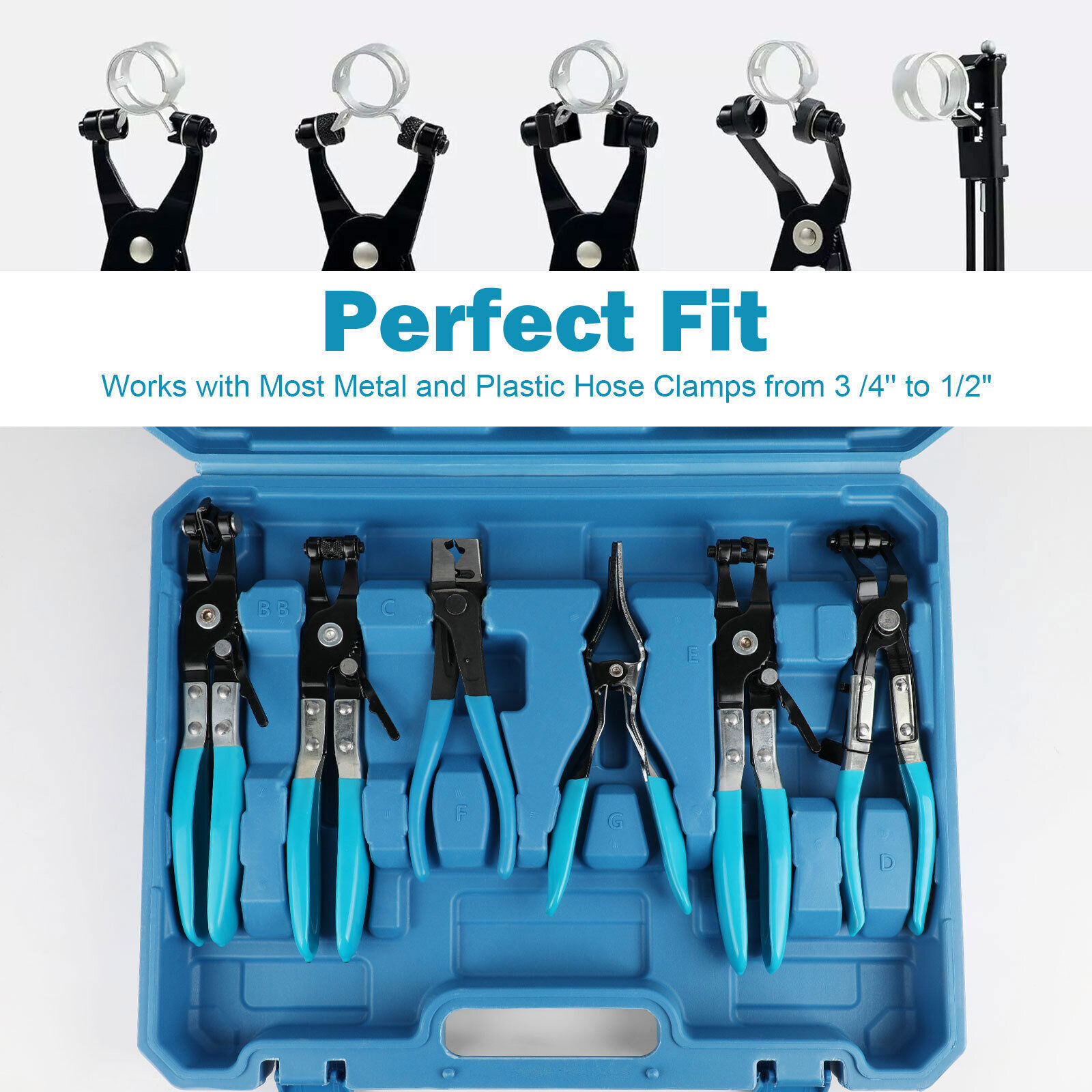 9pcs Flexible Hose Clamp Clip Plier Set Swivel Jaw Flat Band Automotive Tools