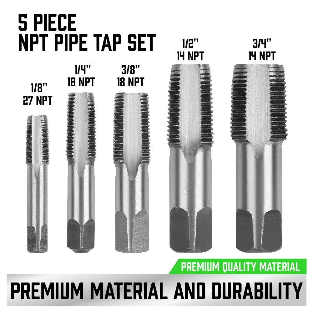 5 Piece 18 / 14 NPT Pipe Tap Set 1/8″ 1/4″ 3/8″ 1/2″ 3/4″ Carbon Steel With Case