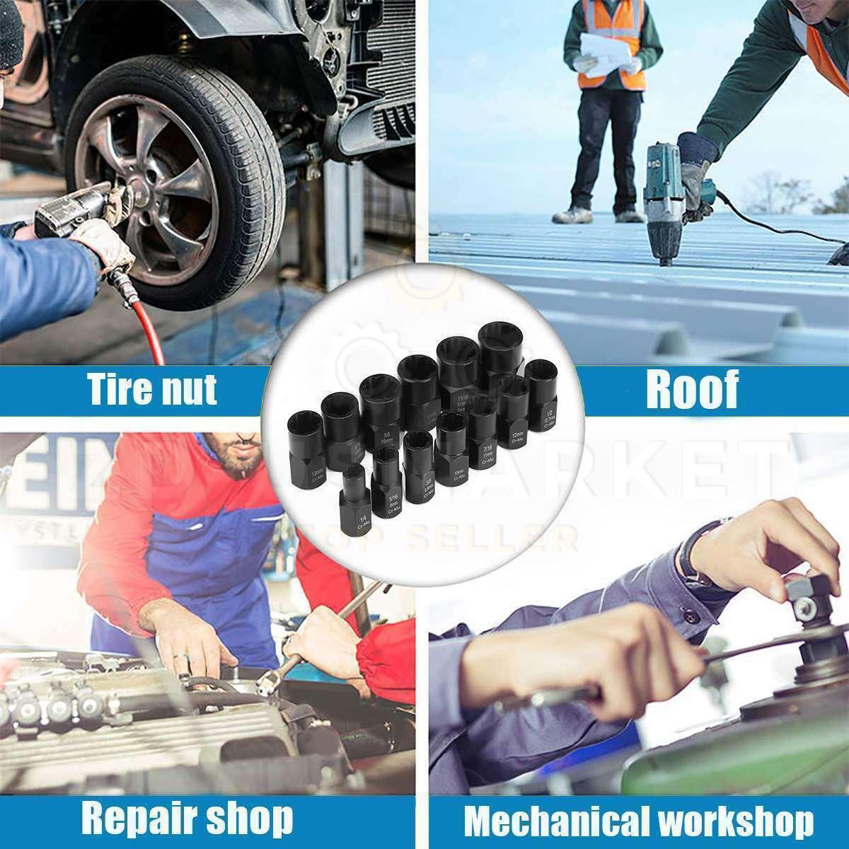 13pcs Bolt Extractor Damaged Lug Nut Remover Twist Socket Extractor Tool 8-19mm
