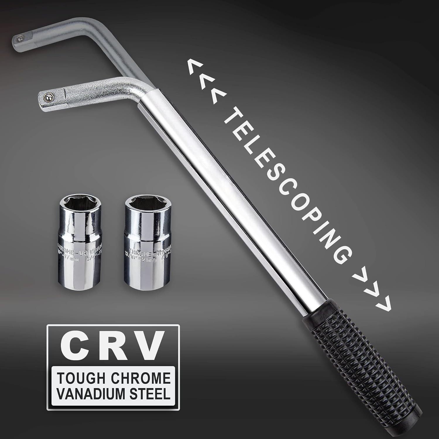 Telescoping Lug Wrench, Wheel Wrench with Standard CR-V Sockets 17/19, 21/22mm