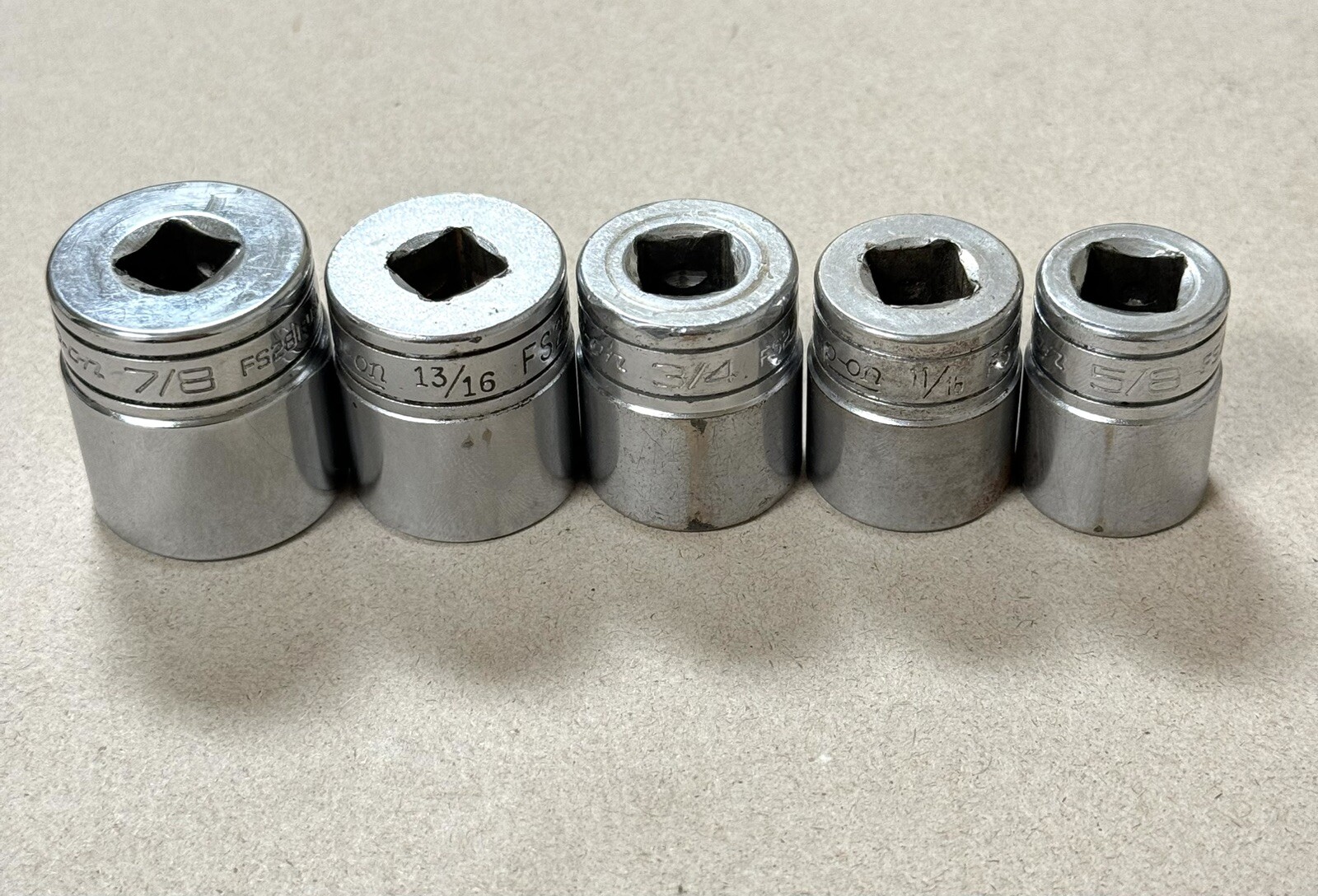 Snap On Tools 5pc 3/8” Drive SAE 6pt Sockets FS281,FS261,FS241,FS221,FS201