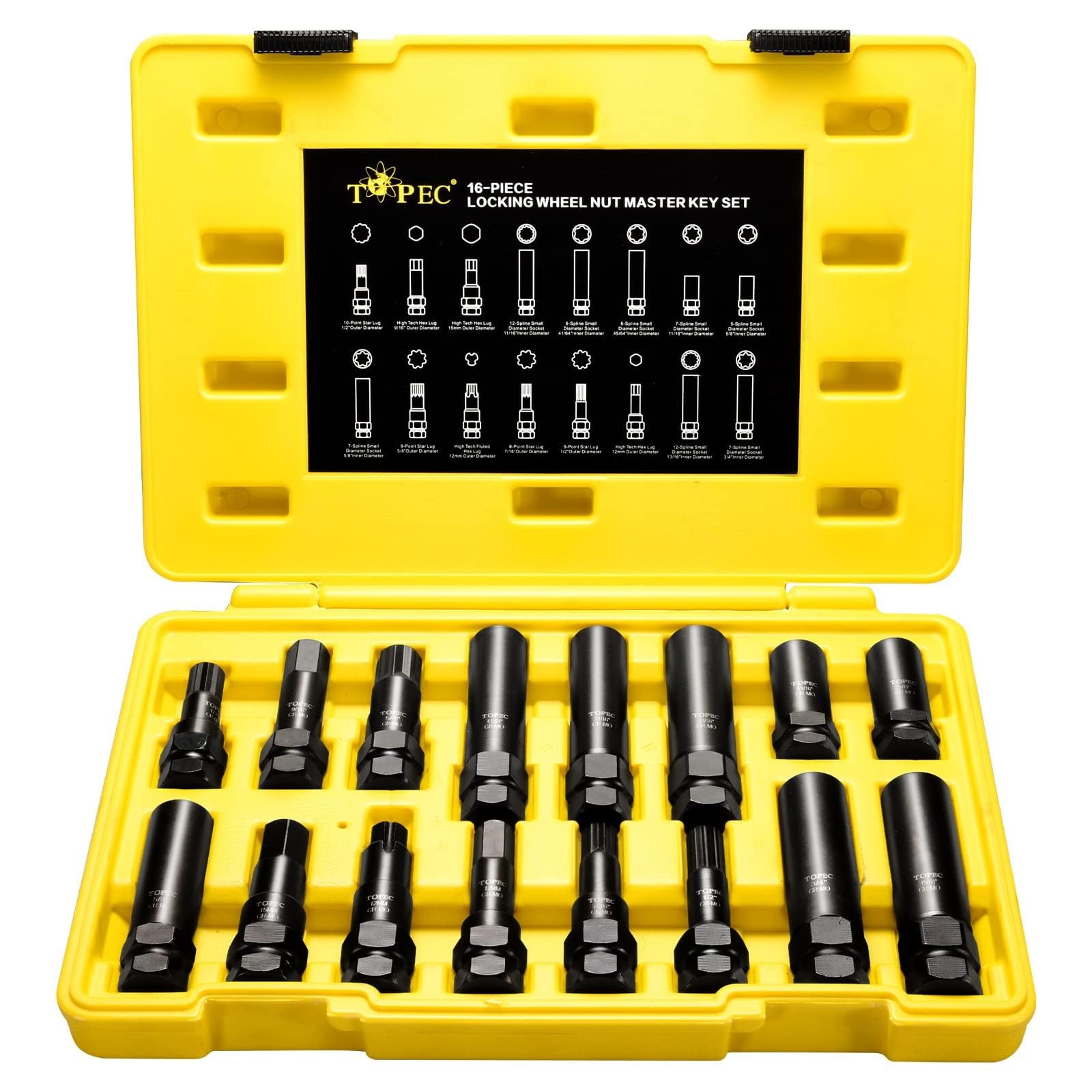 Topec 16Piece Locking Lug Nut Master Key Set | 5, 6, 7, 12 Spline Socket Set,…