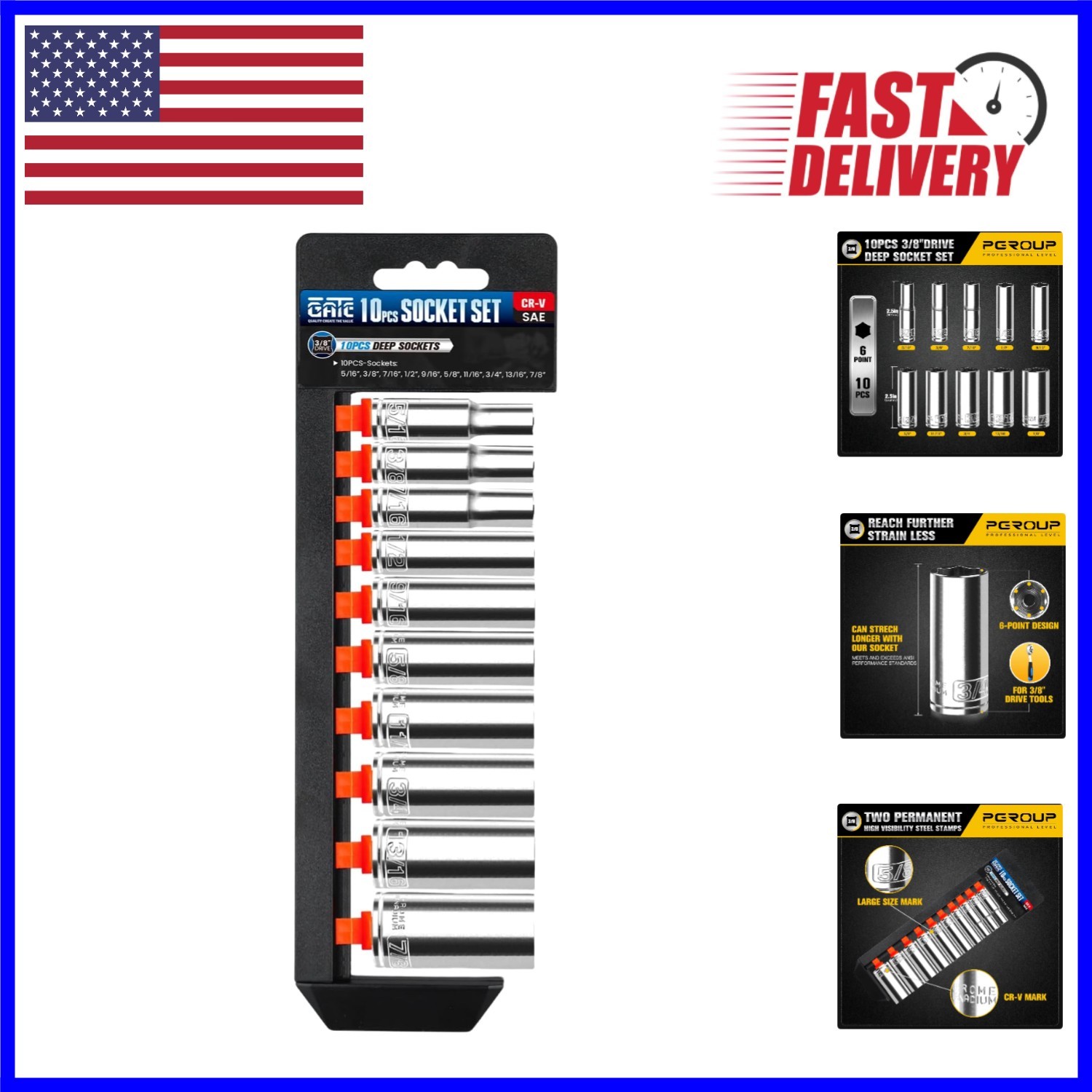 Complete 10-Piece SAE Deep Socket Set – 3/8 Drive, Chrome Finish & Mounting Rack