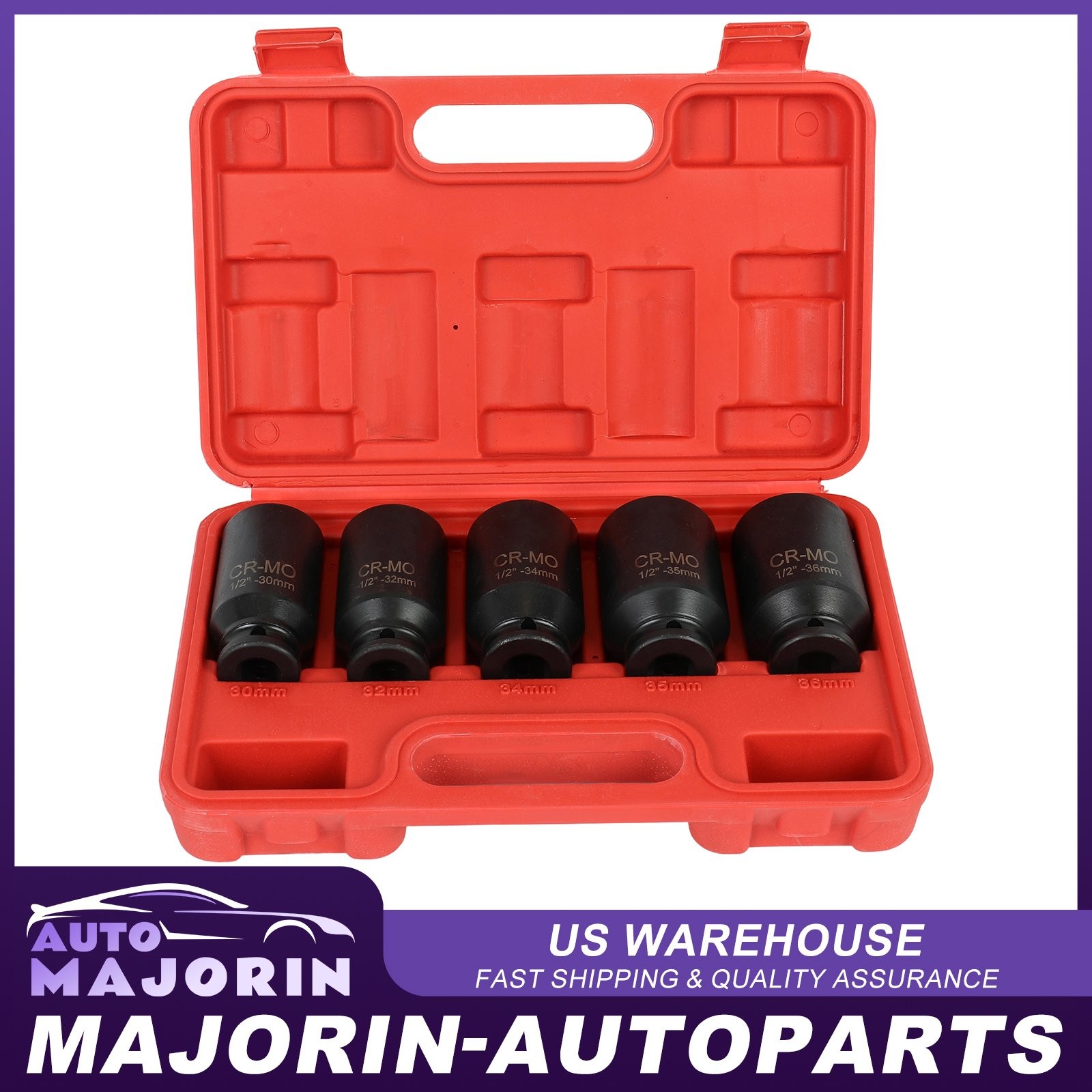 1/2» Deep Spindle Axle Nut Socket Set 12 Point 30mm 32mm 34mm 35mm 36mm 5pcs