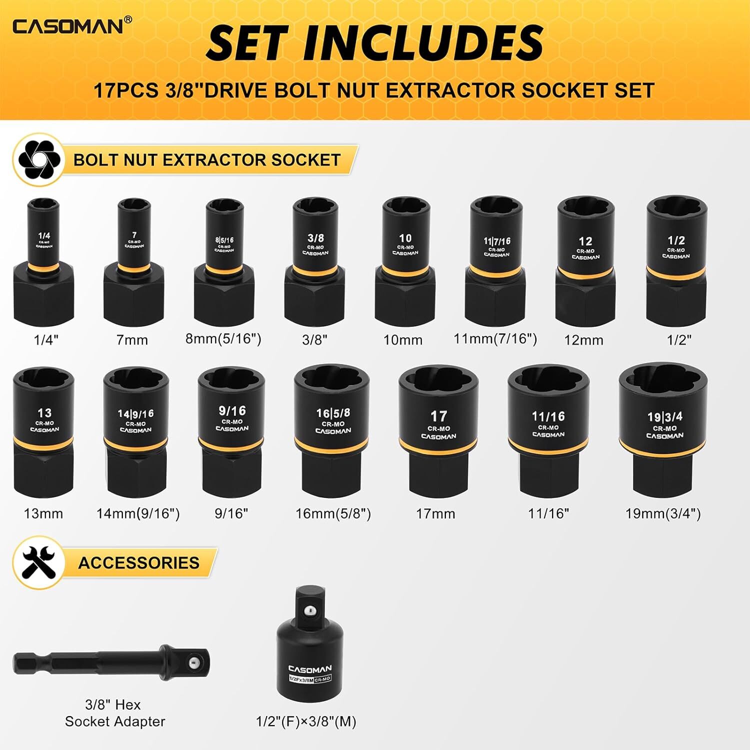17 PCS 3/8″ Drive Impact Bolt and Nut Extractor Socket Set for Removing Damaged
