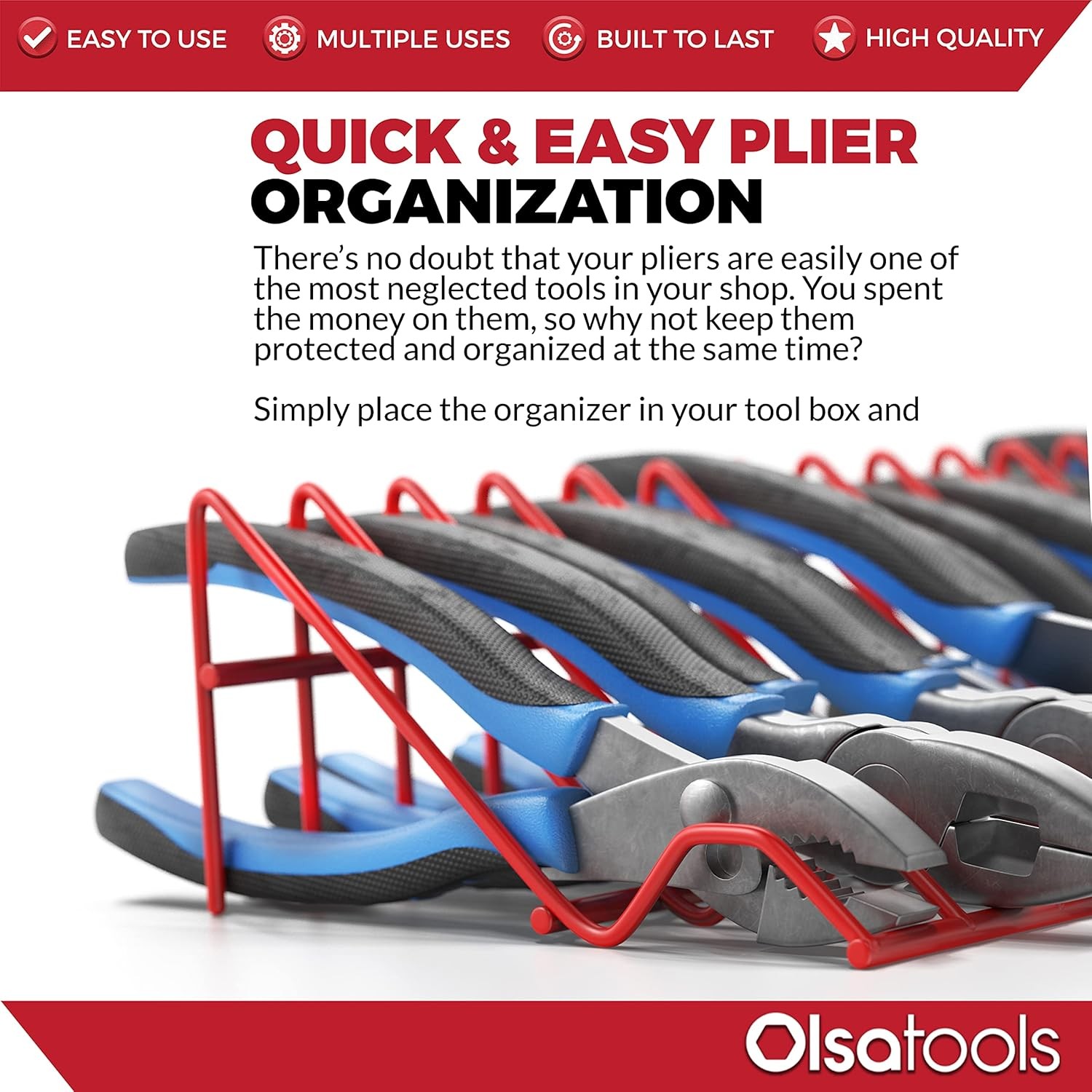 Olsa Tools Plier Rack – Red Organizer for Tool Box Drawer 16 Slots,