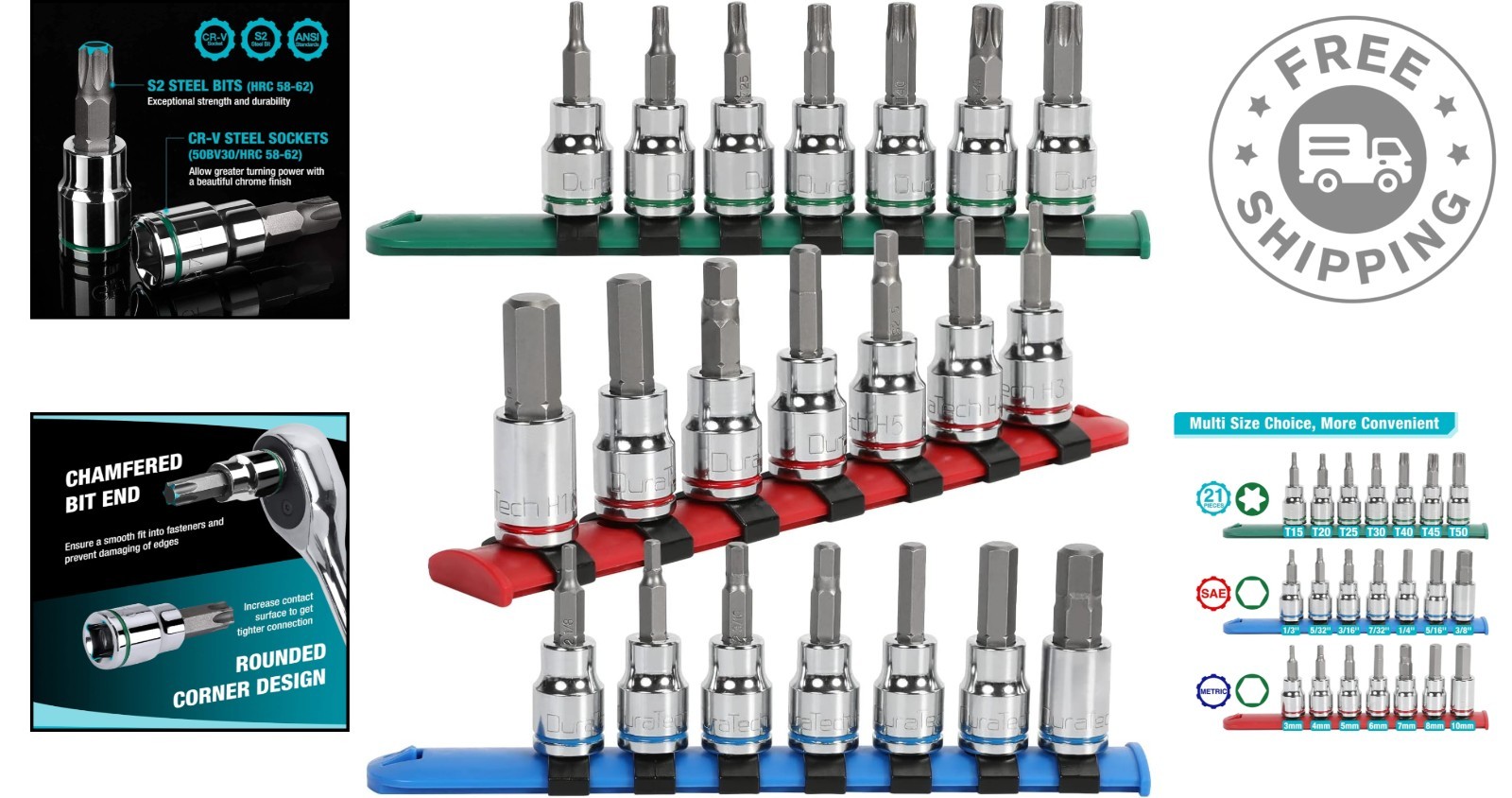 Torx & Hex Socket Set, 21-Piece 3/8» Drive – Durable CR-V and S2 Bits