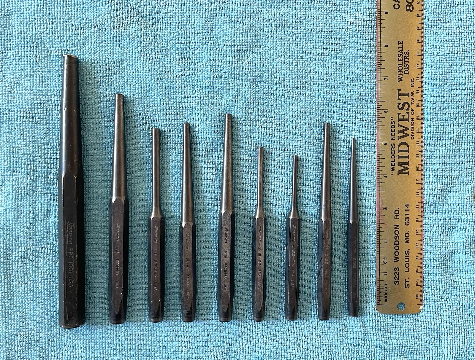 Lot of 9 Snap-On Brass Punch Tools Made In USA Sizes In Description
