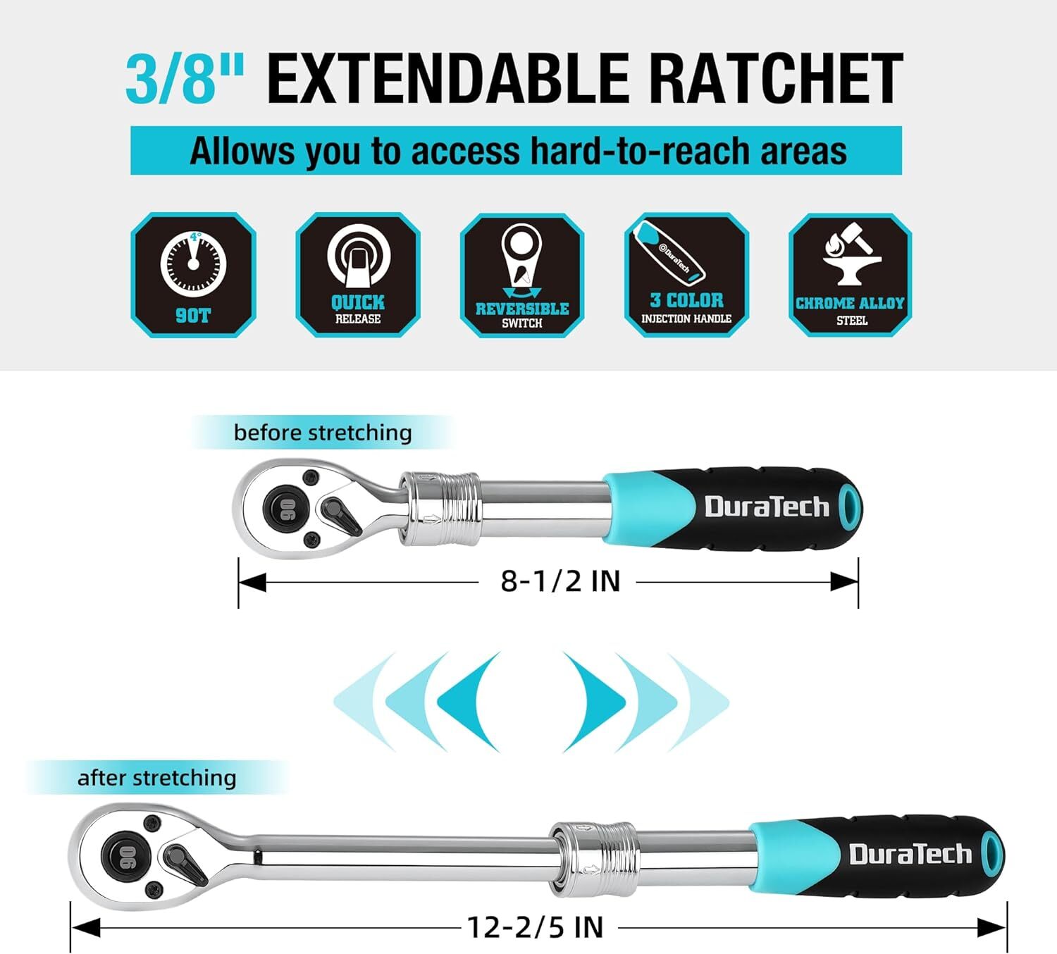 DURATECH 3/8″ Drive Extendable Ratchet Handle 90-Tooth Quick-Release Reversible