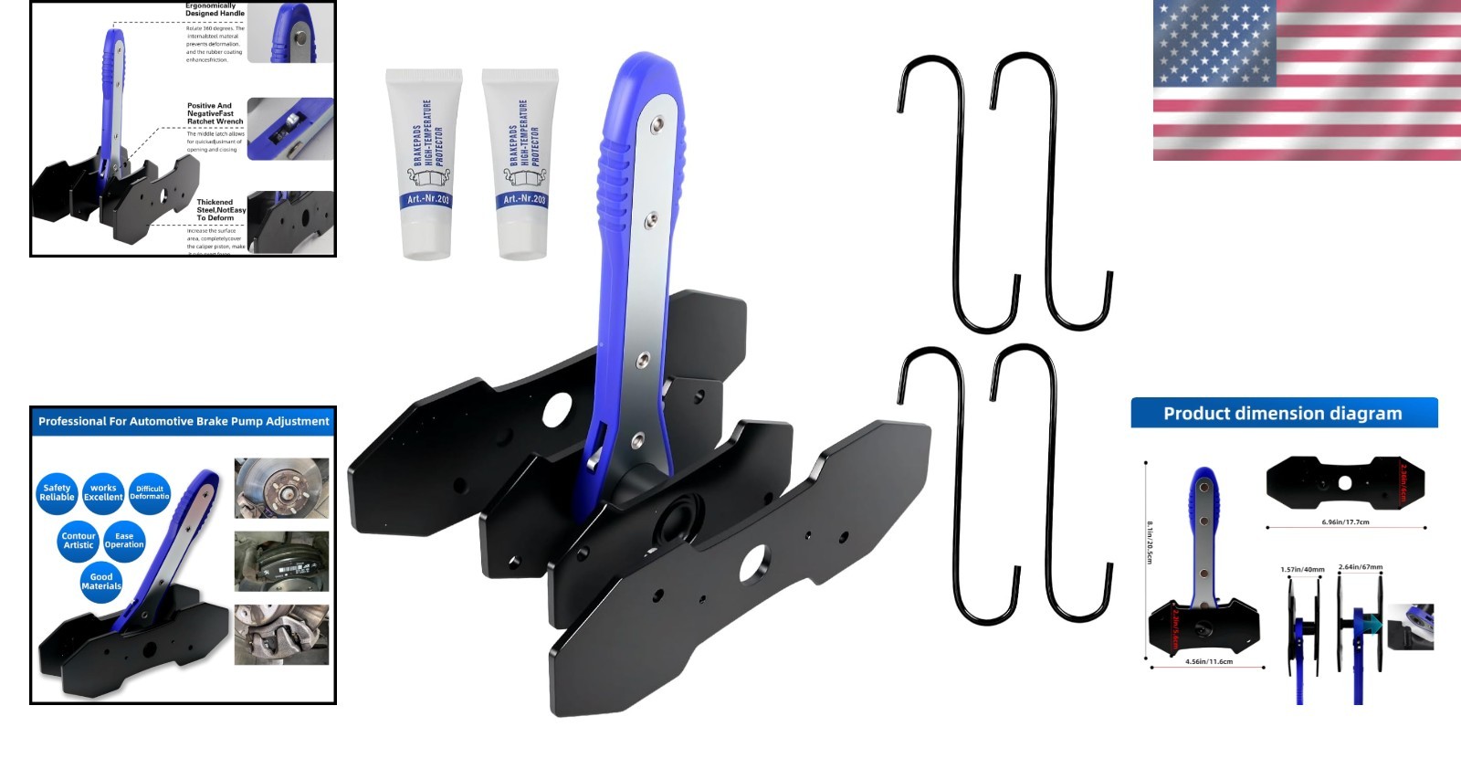 Brake Caliper Compression Tool Kit with 4 Hooks & Steel Plates for Car Repair
