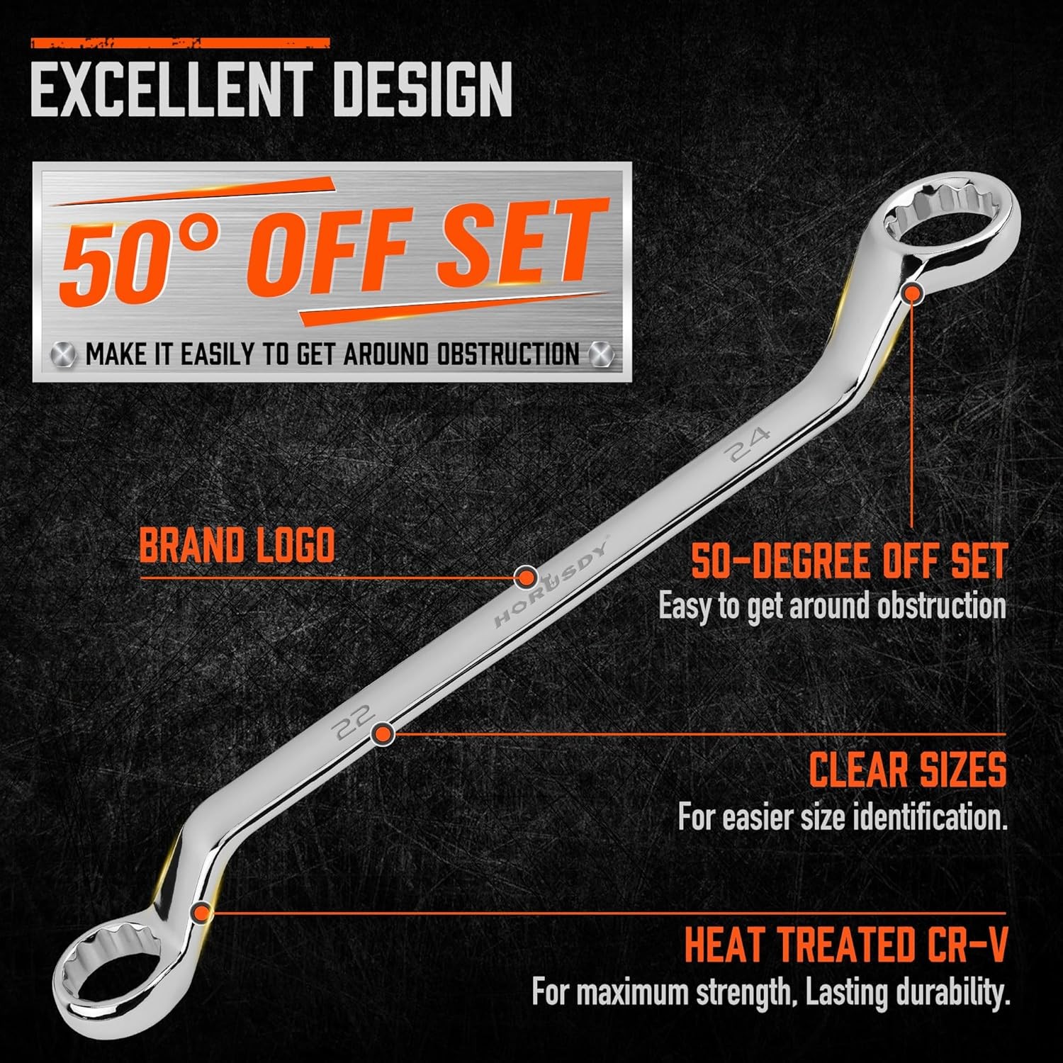 9Pcs Metric Offset Box Wrench Set with Rolling Pouch 50-Degree Metric 6-24mm