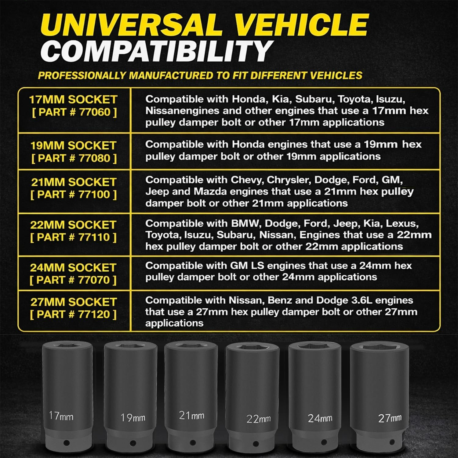 1/2’’ Drive Weighted Crank Bolt Socket Set, 17MM, 19MM, 21MM, 22MM, 24MM, 27M…