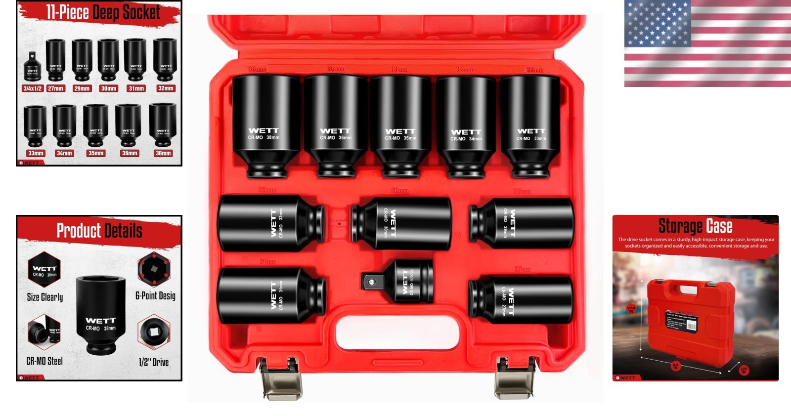 11-Piece 1/2″ Drive Deep Impact Socket Set with Chrome Molybdenum Steel & Pro…