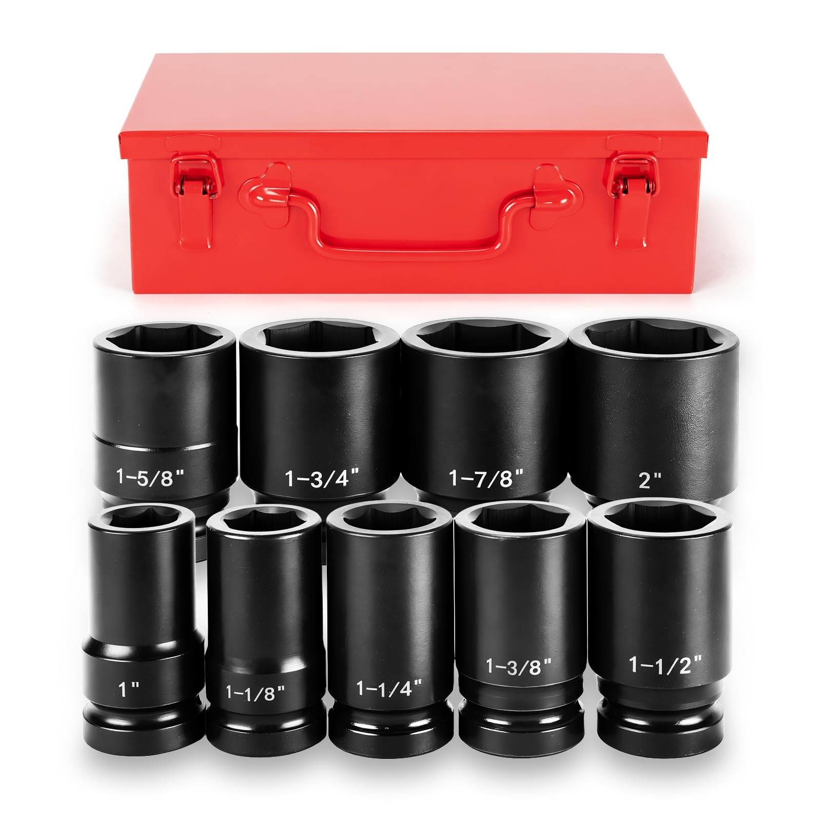 9Pc SAE Jumbo Impact Socket Set 1″ Drive, 6-Point CR-MO, Adapter & Red Case