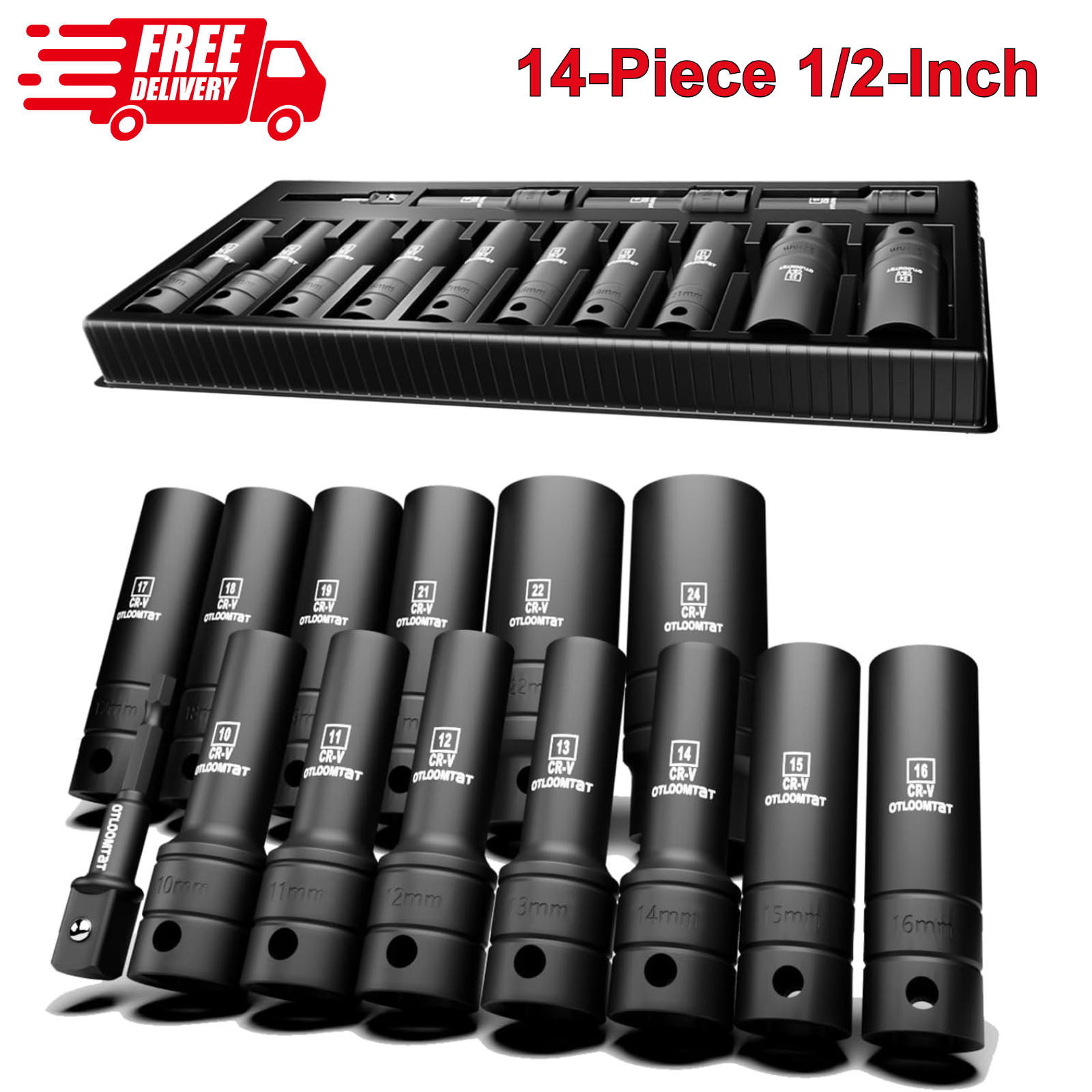 14-Piece 1/2-Inch Super-Rugged & Durable Impact Socket Set, Well-Made Industrial