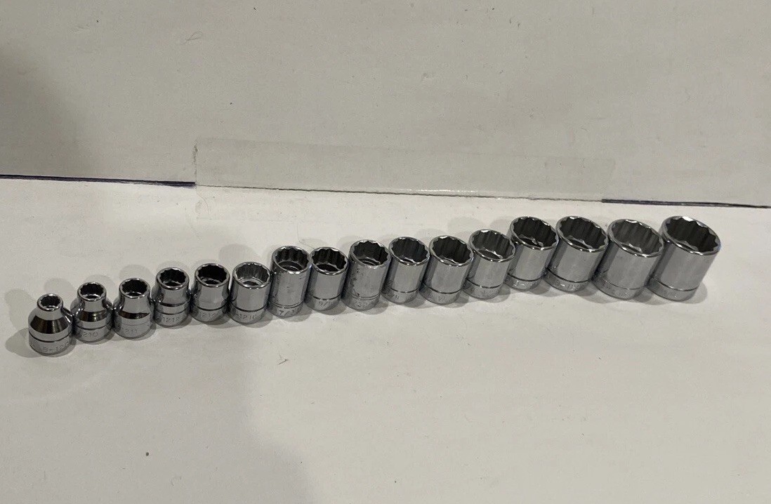 WILLIAMS B Series. 16 Socket Lot 12 Points. 1″ 15/16 7/8 13/16 3/4 11/16 5/8 1/2