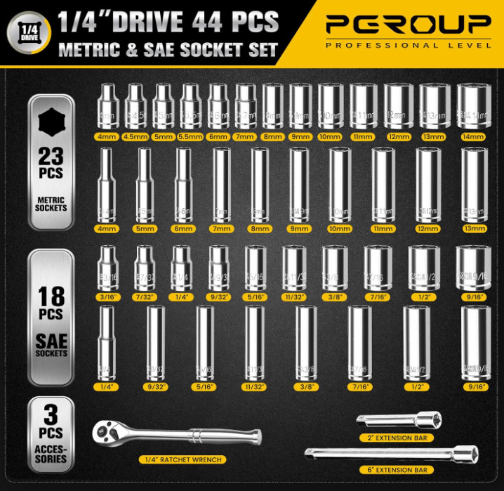 44-Piece 1/4 Inch Drive SAE (3/16 in – 9/16 in) & Metric (4 mm-14 mm) Socket Set