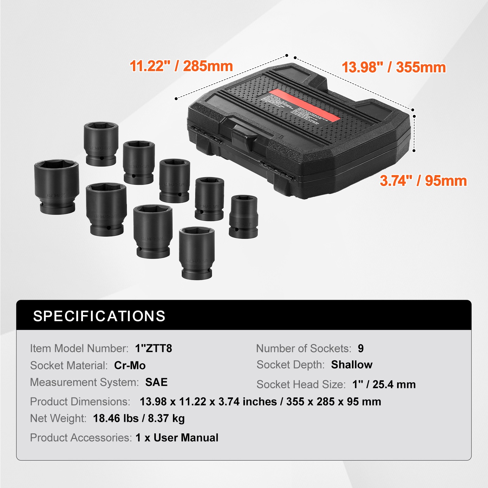 Axle Nut Impact Socket Set 1″ Drive 6-Point 9PCS SAE Spindle Nut Socket