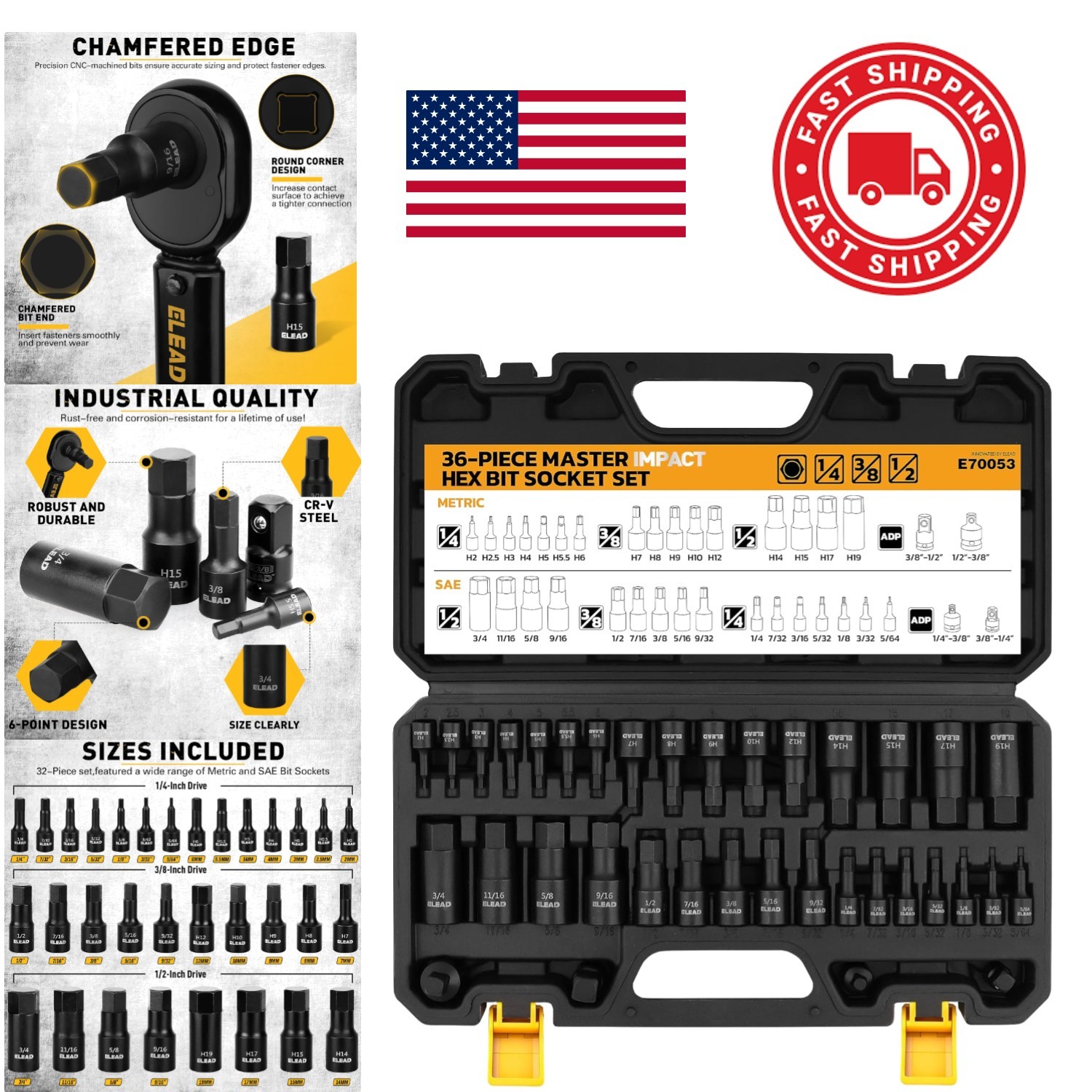 Impact Socket Set 36 Piece with Hex Shank Adapters for Hand Tools and Drivers