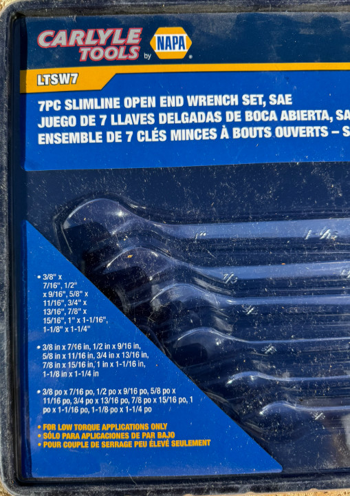 Napa Carlyle LTSW7, 7pc. Slimline Open End Wrench Set SAE. NEW