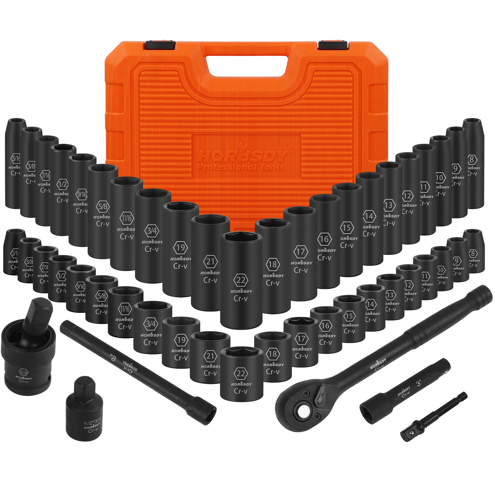 50PCS Impact Socket 3/8″ DR Shallow & Deep SAE & Metric w/ Carry Case