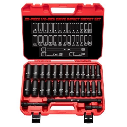 29-Piece 1/2″ Drive Impact Socket Set, Deep SAE & Metric Sockets with Extension