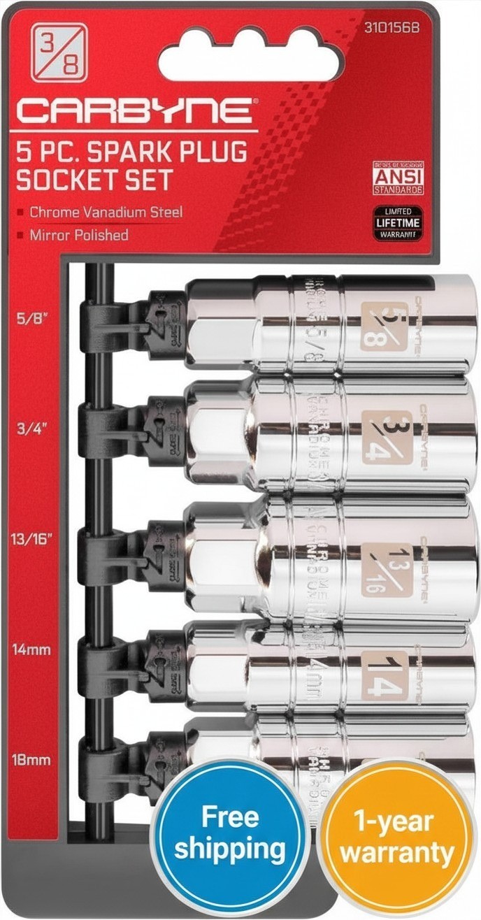 CARBYNE 5 Piece Spark Plug Socket Set 14mm, 3/8 5/8 3/4 13/16 in Drive SAE & M