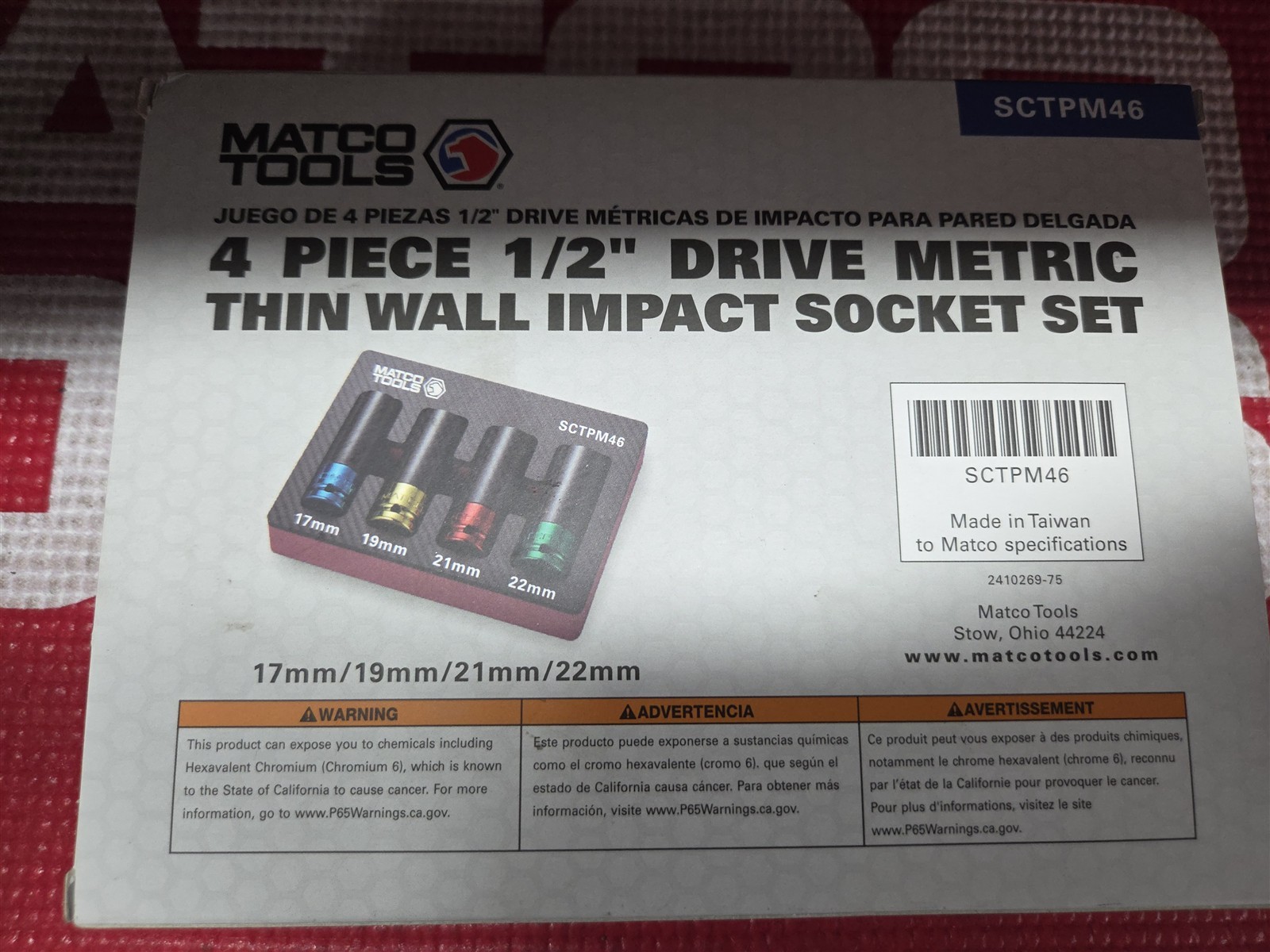 Matco Tools 4 Pc 1/2″ Dr Metric Thin Wall Impact Socket Set SCTPM46 Carbon Fiber