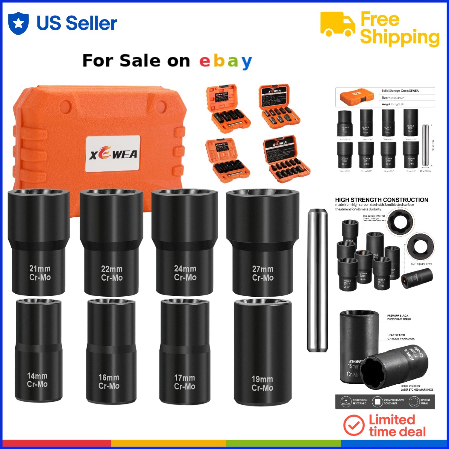 Lug Nut Extractor Set Chrome Molybdenum Steel Impact Bolt Remover Tool
