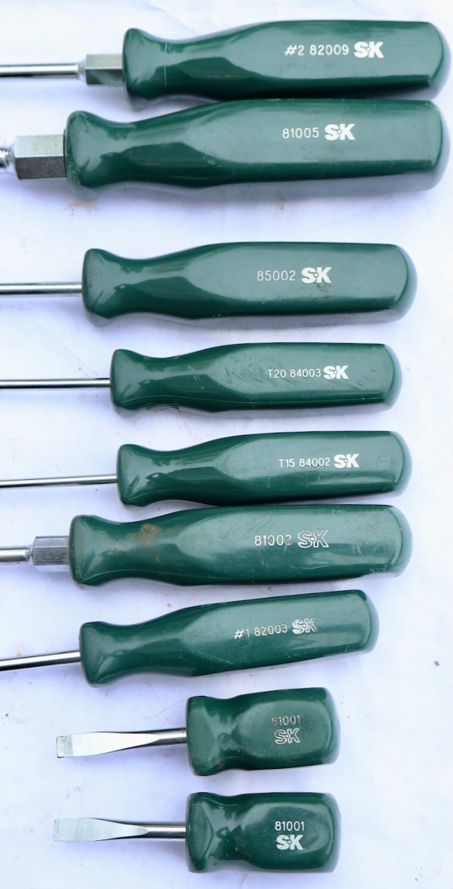 (9) S-K (France) Green Handle Screwdrivers – Flat – Phillips – Torx / MT Tools