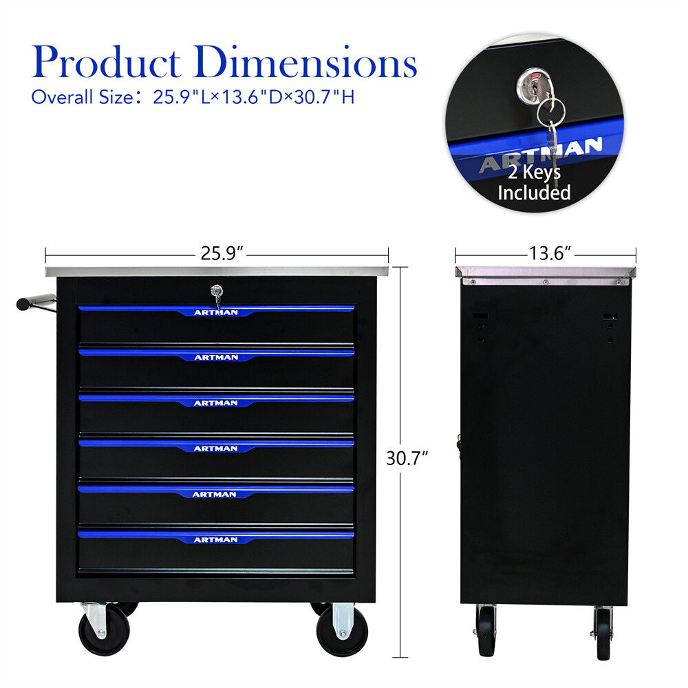 6 Drawers Rolling Tool Box Cart Tool Storage Cabinet Steel Tool Chest w/ Wheels