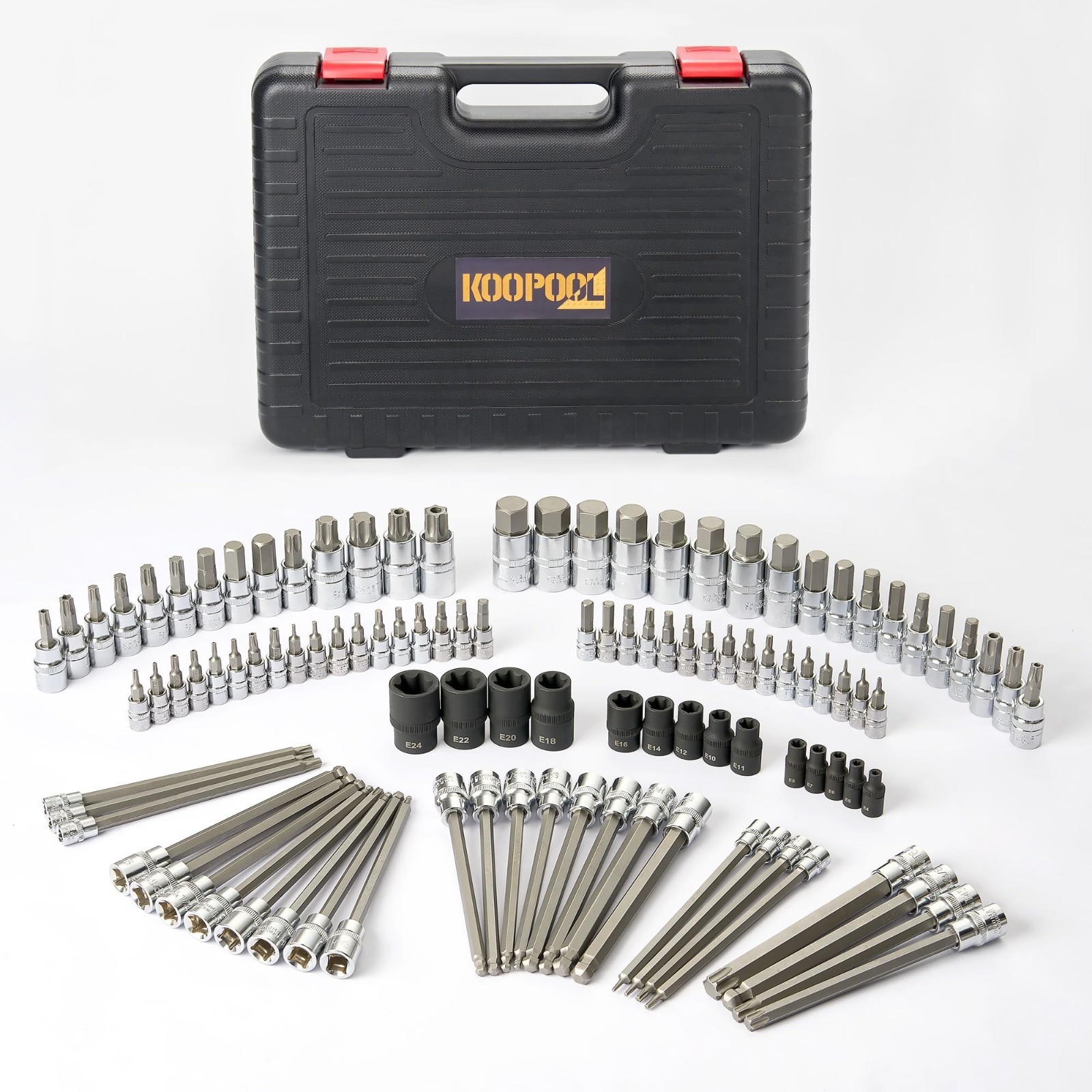 107-Piece Torx & Allen Bit Socket Set, S2 Steel, 1/4″ 3/8″ 1/2″ Drive, Long & Ba