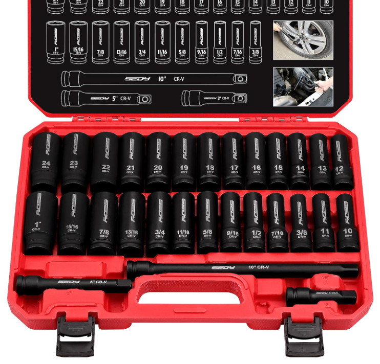 29PACS 1/2″ Drive Impact Socket Set SAE Metric Deep Shallow CR-V with Extensions
