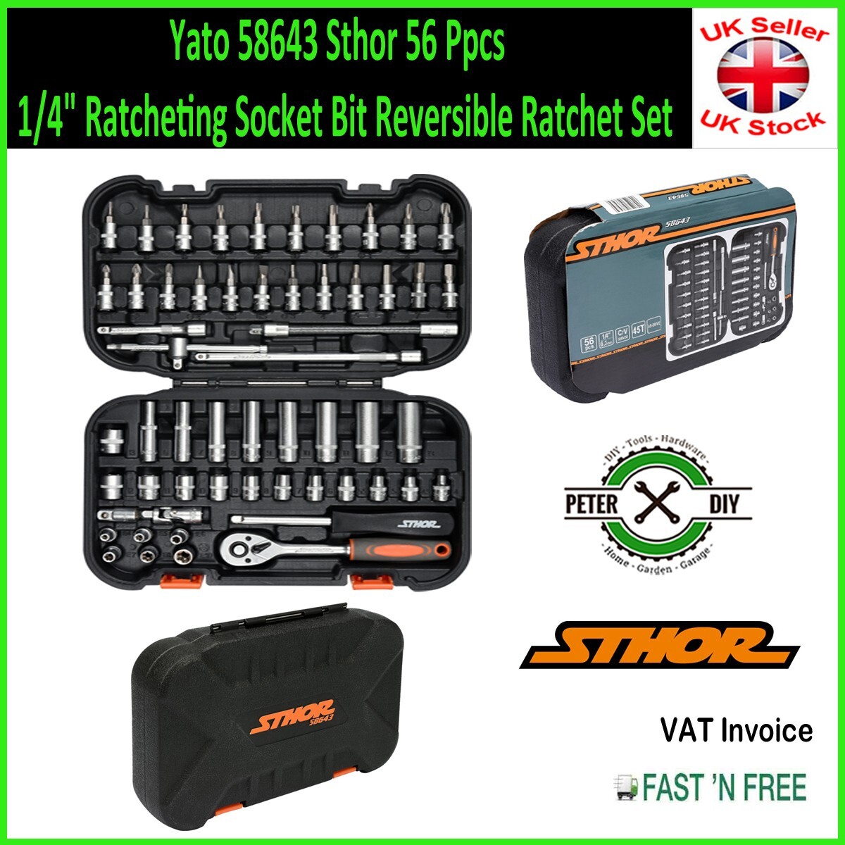 Yato 58643 Sthor 56 Ppcs 1/4″ Ratcheting Socket Bit Reversible Ratchet Set