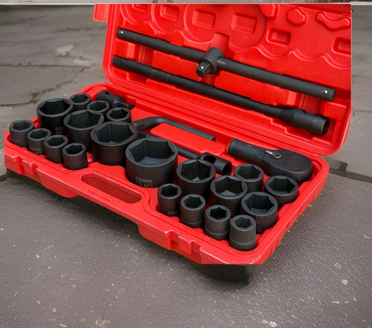 26pcs 3/4″ & 1” Dr. Metric 21mm ~65mm Cr-MO Sockets Ratchet Wrenches Tool Set
