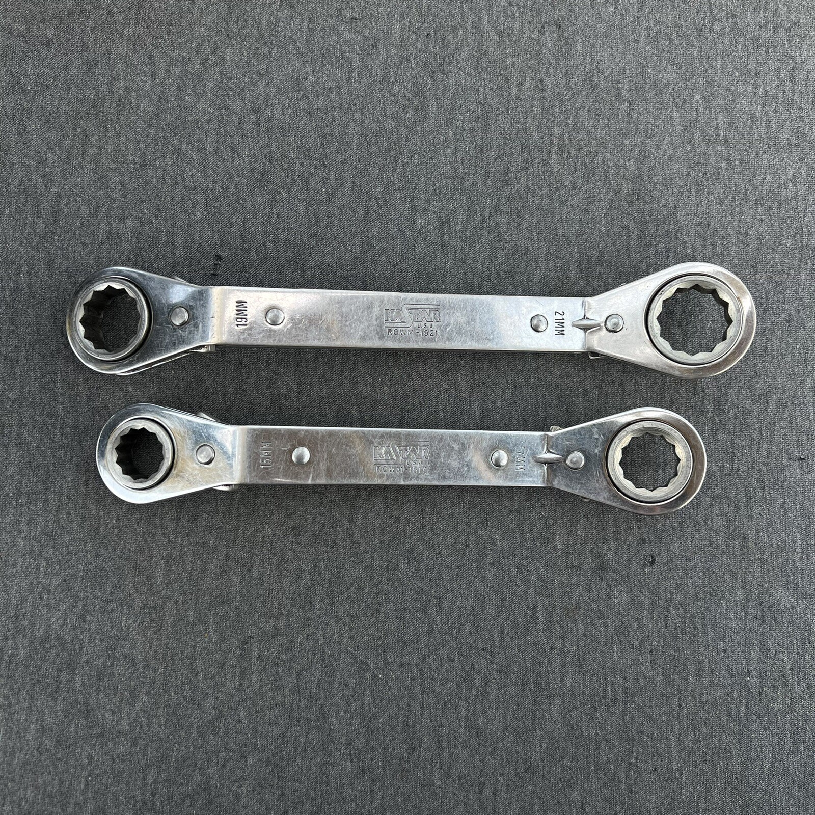 Kastar 2pc Metric Offset Ratcheting Wrenches 15mm x 17mm & 19mm x 21MM 6pt USA