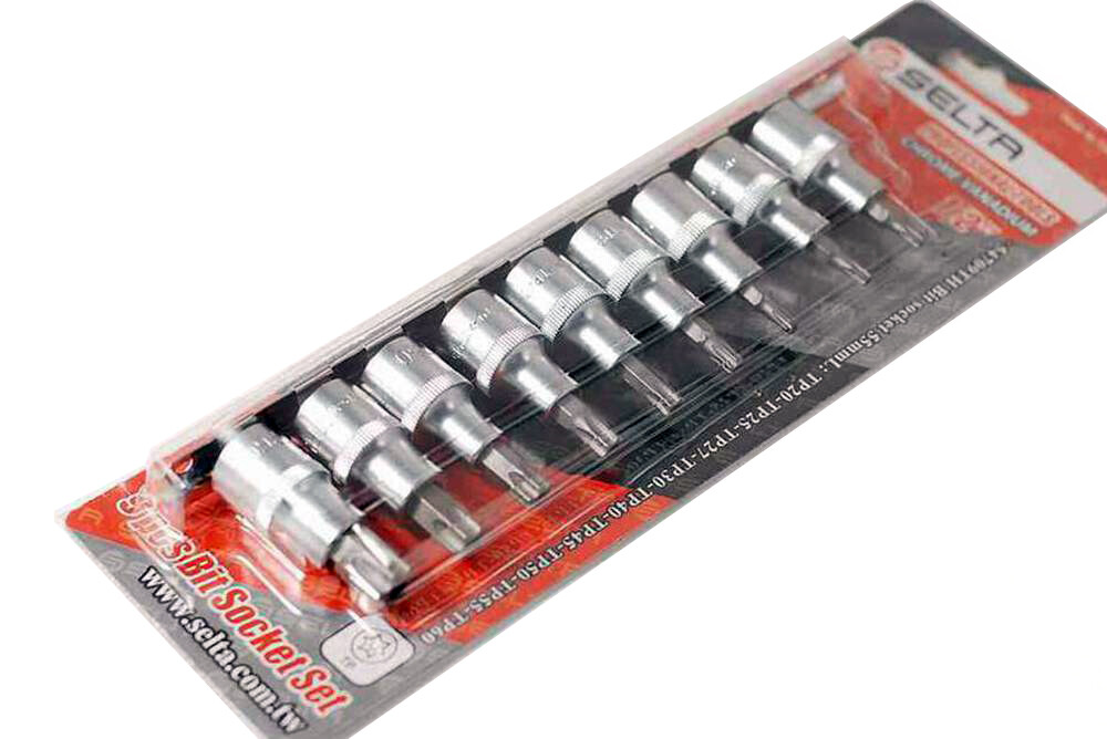 Selta Taiwan S2 9pc 1/2” Dr Torx Star Tamperproof Socket Bits with Hole:TP20-60
