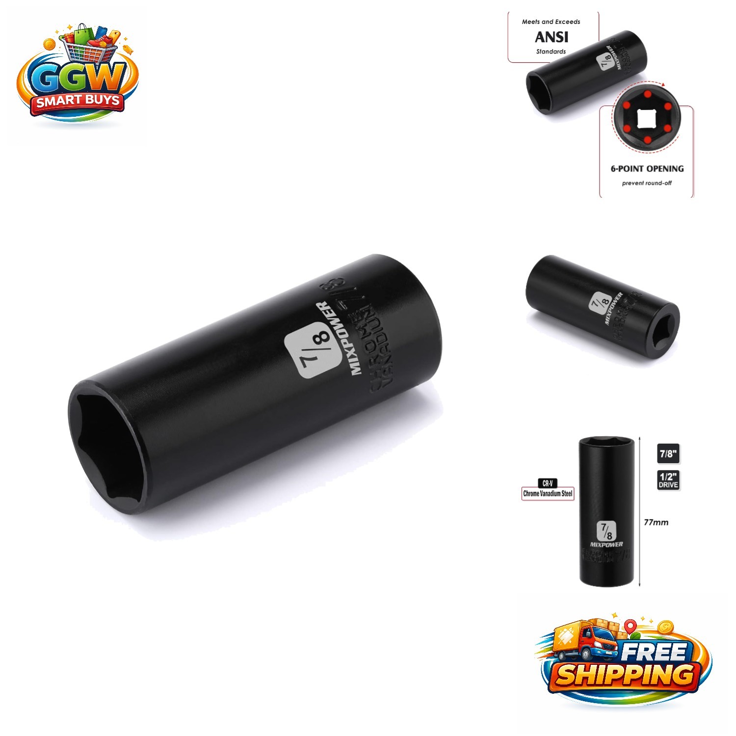 Durable 1/2-Inch Drive Deep Impact Socket – 7/8 Inch, Corrosion-Resistant Finish
