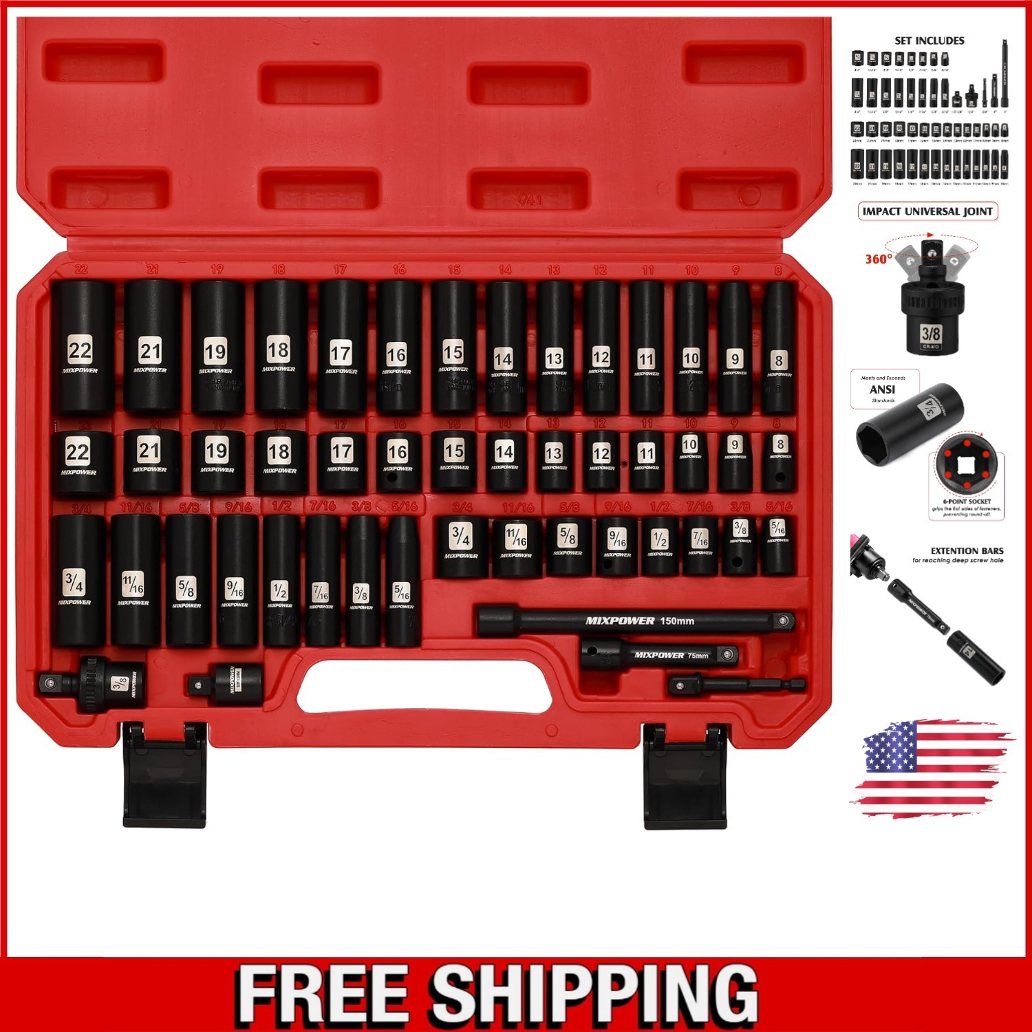 High-Torque 3/8» Drive Deep Impact Socket Set – 49 Pieces with Laser Markings