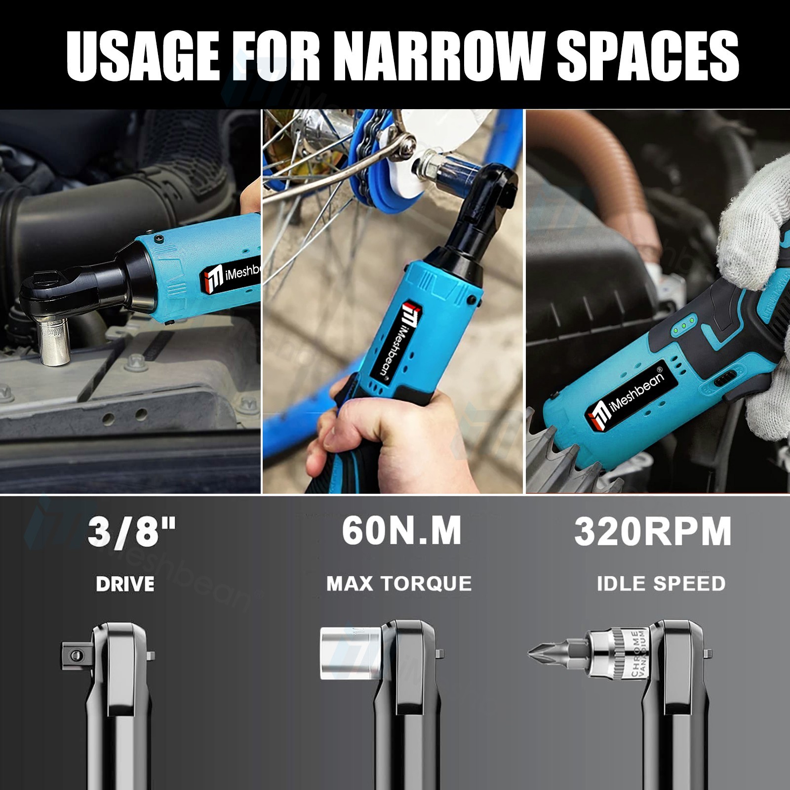 12V 3/8″ Cordless Electric Ratchet Socket impact Wrench Right Angle Battery 60Nm