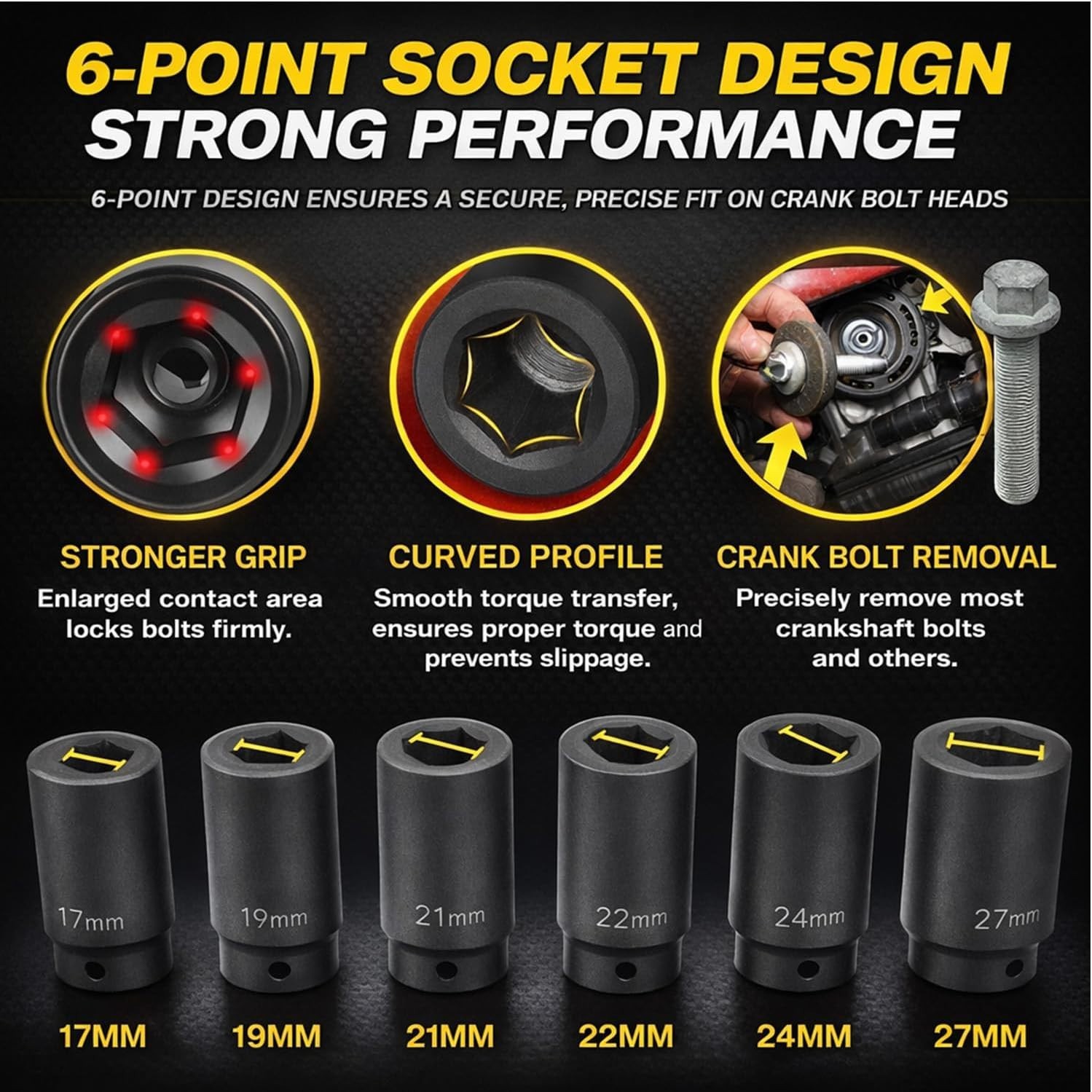 NEW Weighted Crank Bolt Socket Set 1/2″ Drive Metric Impact Socket Kit 17–27mm