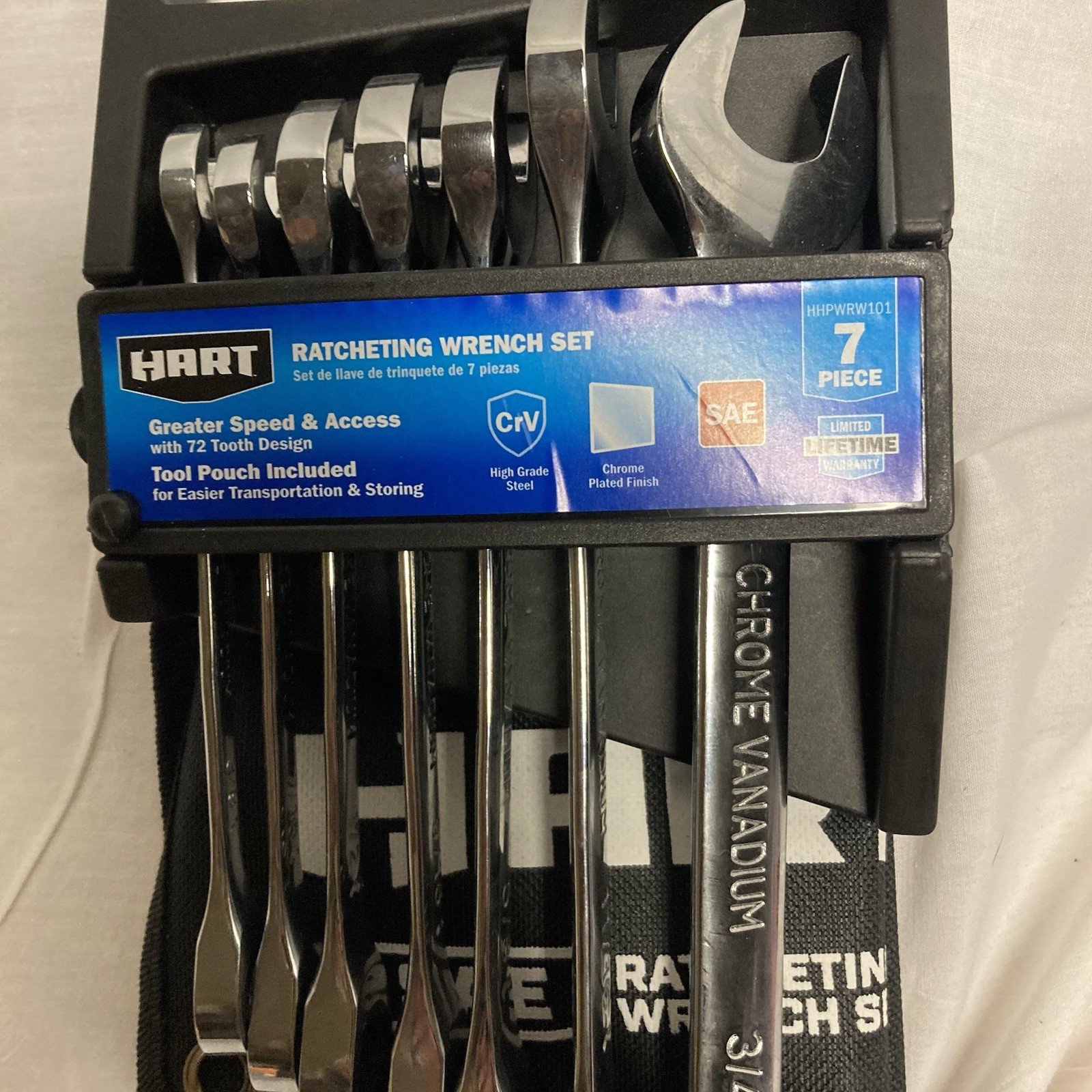 7 pcs Ratcheting Wrench Set with Pouch included. 810022398173, SAE, CrV, Hart