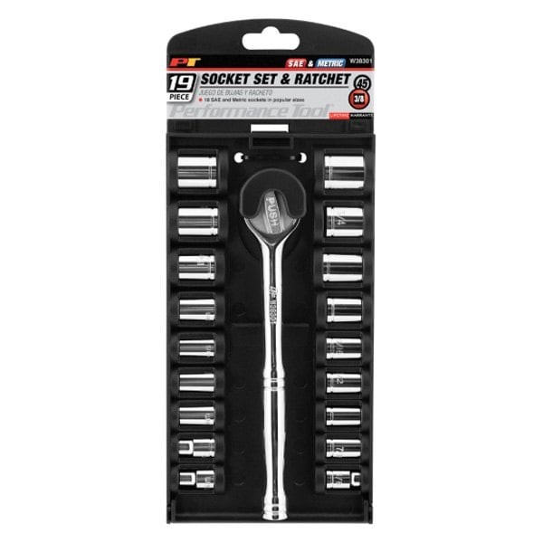 Performance Tool 3/8″ Drive SAE/Metric Ratchet & Socket Set, 19 Pieces