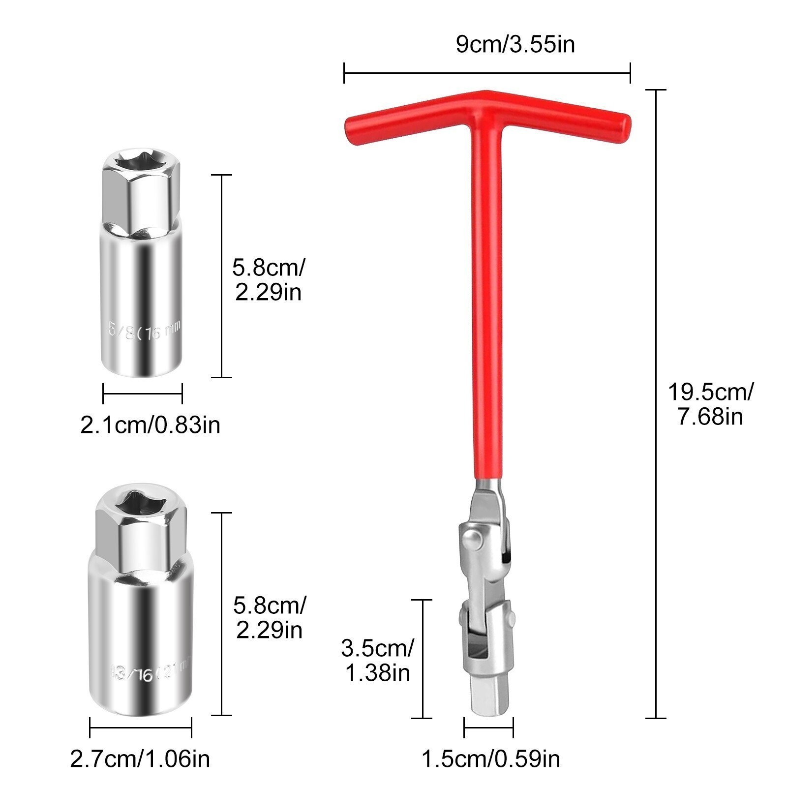 3Pcs Spark Plug Socket Wrench T-Handle Swivel Remover Installer Tool 5/8″&13/16″