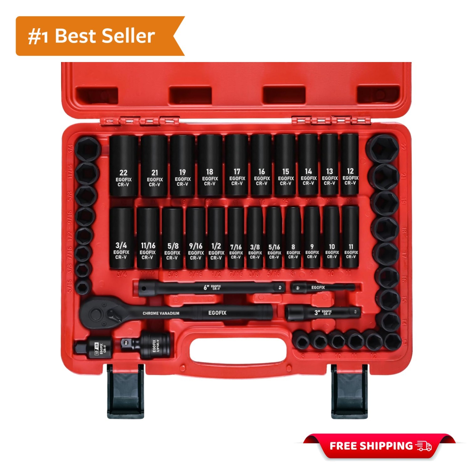 3/8″ Drive Impact Socket Set, 50 Piece Standard SAE 5/16 to 3/4 inch and Metr…