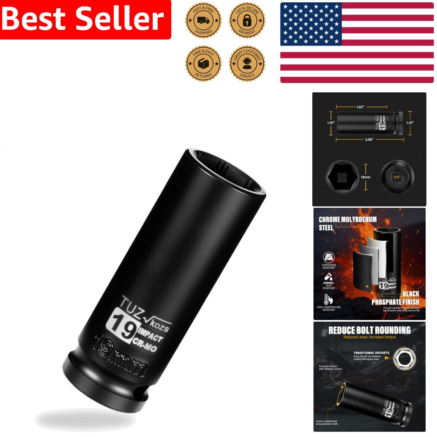 19mm Deep Impact Socket 1/2 Inch Drive CR-MO Steel Radius Corner Easy Removal